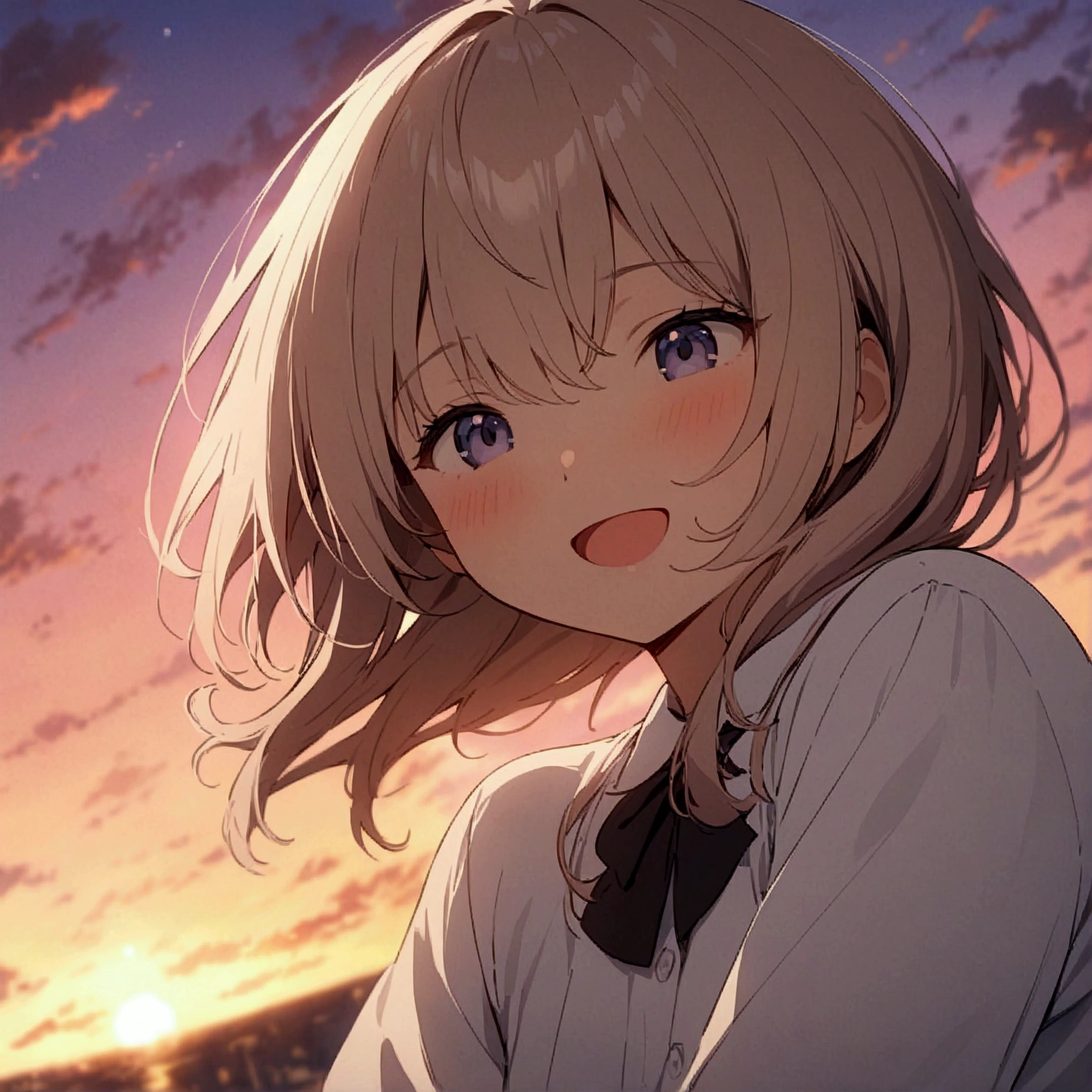 masterpiece, Best Quality, Movie stills,  one girl playing pranks, Cloud Girl, Floating in the sky, close, bright, happy,  Warm and soft lighting , sunset, (:0.7)