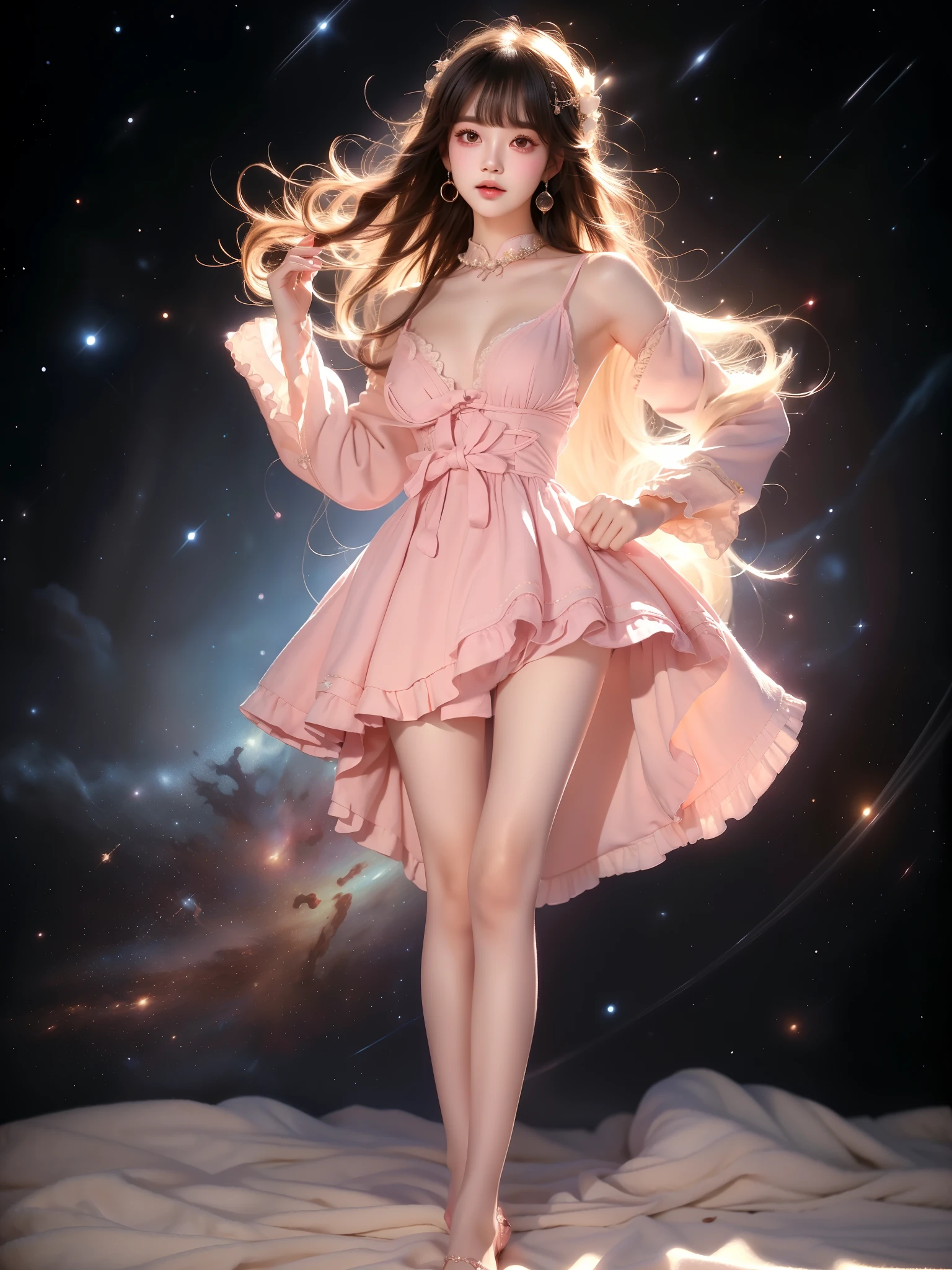 mh (manaka nemu),pink dress , ((full body)), ((Night, starry sky, space background)), ((Stand naturally, knees slightly bent)), (Asian beauty:1.3), girl, solo, ((anatomically correct pose)), ((relaxed posture)), (very short hemline), (cute face), (toned body:1.2), (naturally large breasts:1.1), (visible cleavage:0.8), (smooth flawless skin:1.2), ((anatomically correct human legs)), ((realistic leg joints and muscles)), ((proper leg proportions)), (one hand in long flowing hair), (detailed facial features:1.2), (big bright eyes:1.1), (long eyelashes), charming smile, gentle expression, (professional studio lighting), (warm tones), (masterpiece:1.4), (best quality:1.3), (sharp focus:1.2), (photorealistic:1.2)