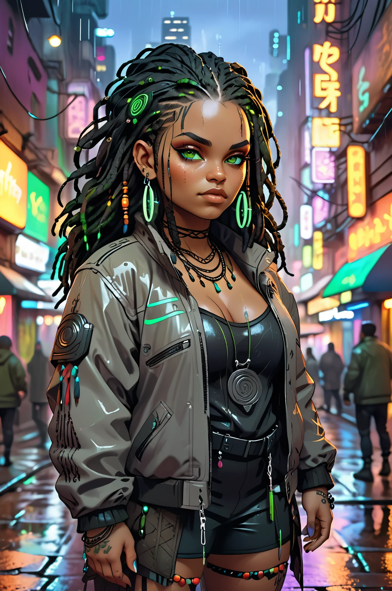 Sturdy, chubby, curvy dwarf woman with pale green eyes, black dreadlocks adorned with beads, warm mulatto skin tone with freckles, pointy ears. Tribal tattoos on her hands, wearing layered, earthy clothing. Cyberpunk setting with neon lights, rain-soaked streets, and a futuristic night city backdrop. warm dark grey jacket