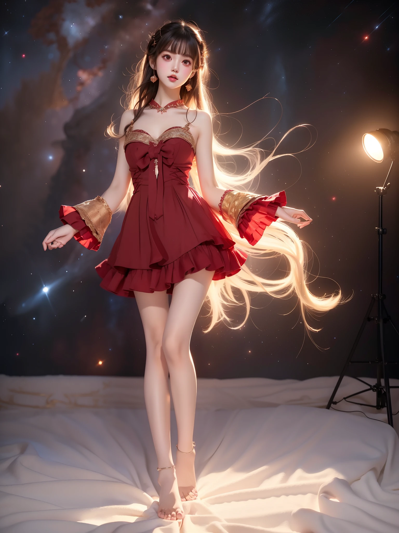 mh (manaka nemu),red dress , ((full body)), ((Night, starry sky, space background)), ((Stand naturally, knees slightly bent)), (Asian beauty:1.3), girl, solo, ((anatomically correct pose)), ((relaxed posture)), (very short hemline), (cute face), (toned body:1.2), (naturally large breasts:1.1), (visible cleavage:0.8), (smooth flawless skin:1.2), ((anatomically correct human legs)), ((realistic leg joints and muscles)), ((proper leg proportions)), (one hand in long flowing hair), (detailed facial features:1.2), (big bright eyes:1.1), (long eyelashes), charming smile, gentle expression, (professional studio lighting), (warm tones), (masterpiece:1.4), (best quality:1.3), (sharp focus:1.2), (photorealistic:1.2)