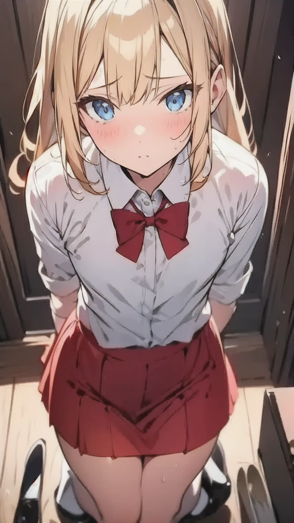 1 girl, solo, blonde hair, blue eyes, ren bowtie, white shirt, red skirt, white long stockings, black mary jane shoes