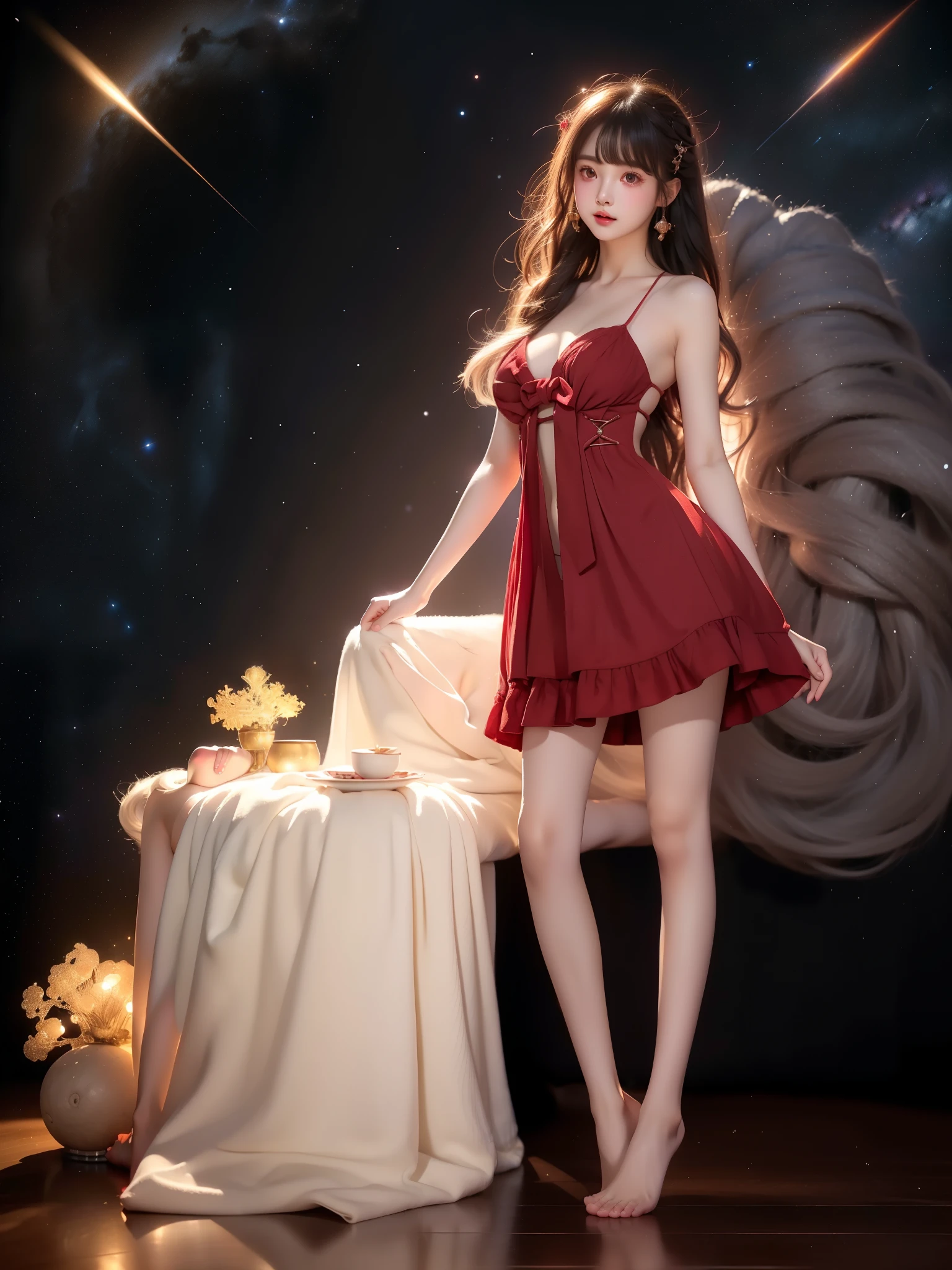 mh (manaka nemu),red dress , ((full body)), ((Night, starry sky, space background)), ((Stand naturally, knees slightly bent)), (Asian beauty:1.3), girl, solo, ((anatomically correct pose)), ((relaxed posture)), (very short hemline), (cute face), (toned body:1.2), (naturally large breasts:1.1), (visible cleavage:0.8), (smooth flawless skin:1.2), ((anatomically correct human legs)), ((realistic leg joints and muscles)), ((proper leg proportions)), (one hand in long flowing hair), (detailed facial features:1.2), (big bright eyes:1.1), (long eyelashes), charming smile, gentle expression, (professional studio lighting), (warm tones), (masterpiece:1.4), (best quality:1.3), (sharp focus:1.2), (photorealistic:1.2)