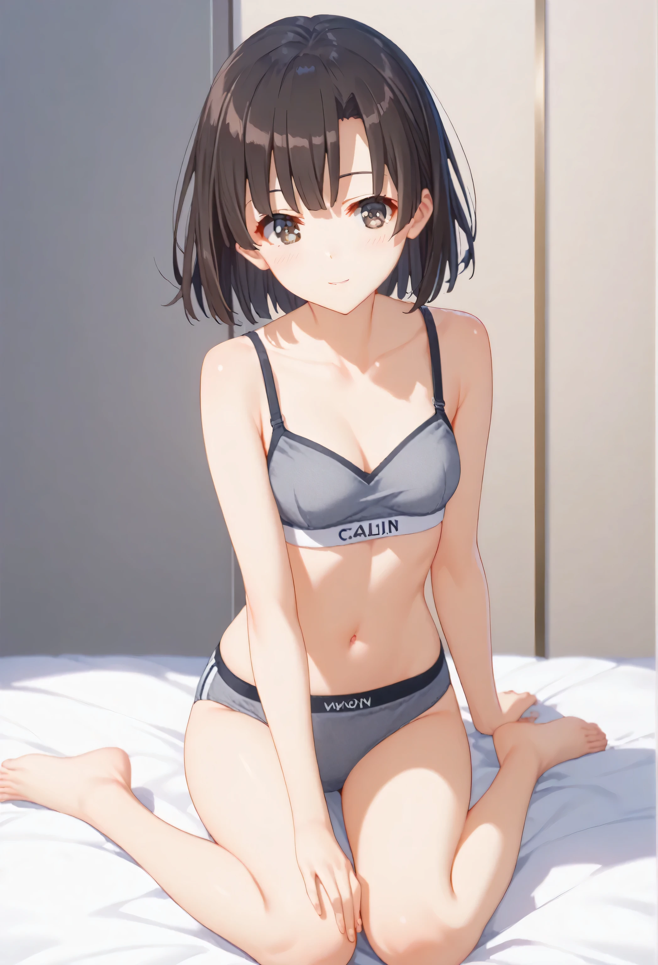   Seductive Anime Girls , , [32k High Quality]^10,  anime visuals of cute girls,  don't mess around ,8k!,  Megumi Katou, 1girl, Alone,dark brown hair, dark brown eyes, short hair,bare foot,Calvin Klein underwear,grey bra,grey panties,