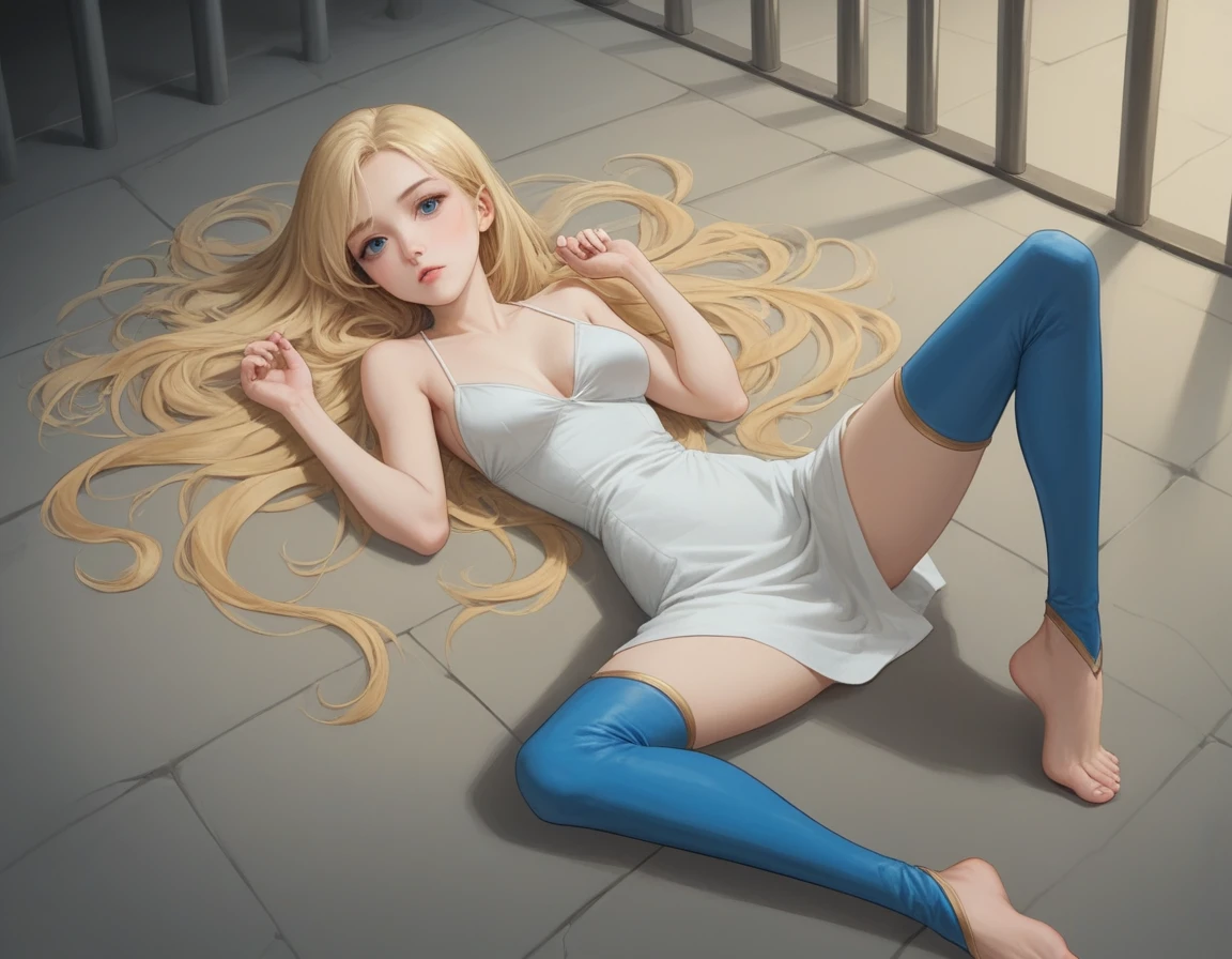 Masterpiece , best quality , Masterpiece , best quality , 1girl , 20yo, ais_wallenstein , dress half taken off, blue thigh boots, looking at the viewer, delicate features, blonde waist long hair , be unconscious , white bikini , abdomen , medium breasts , Long legs , Barefoot , Lie down on the floor. , spread your legs , prison, 