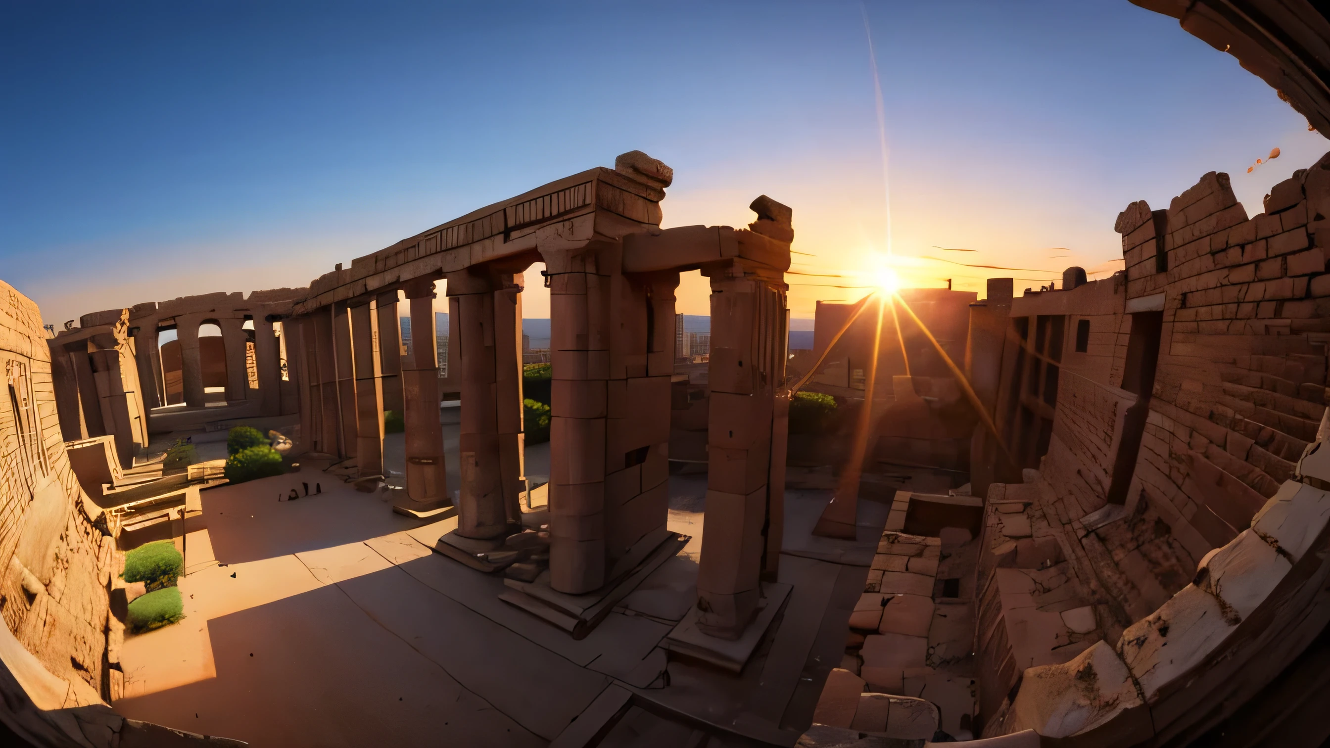 fisheye lens, egyptian ruins, realistic, sunset,