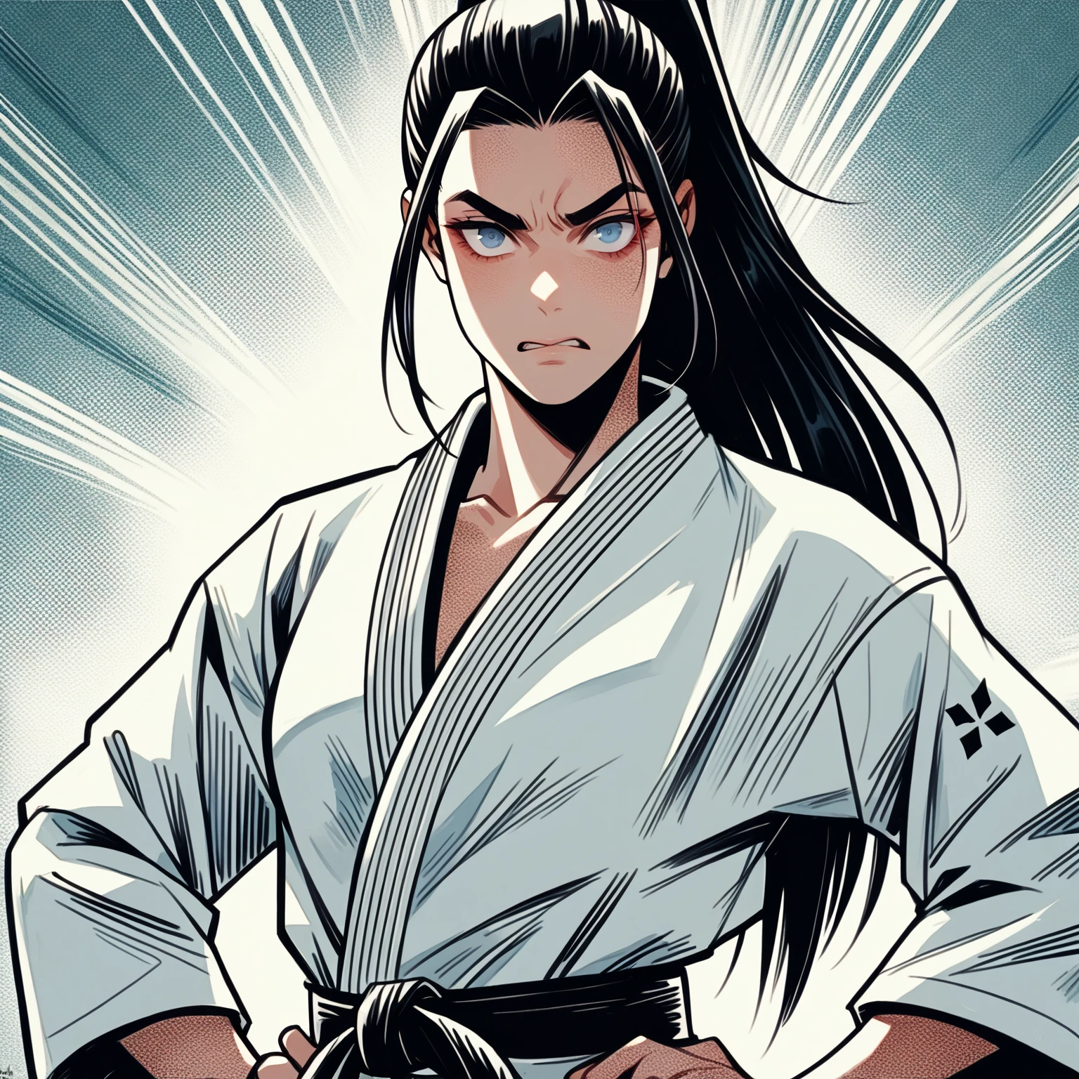 A comic book style illustration of a strong and confident young woman, now dressed in a traditional karate outfit without the katana. She has long black hair tied back, sharp blue eyes, and a determined expression. Her karate outfit consists of a white gi with a black belt, hinting at her expertise and discipline. The drawing maintains bold lines and dramatic shading typical of comic book art, emphasizing her striking features and posture. The background remains simple, allowing her figure and the dynamic flow of her gi to stand out vividly, with lighting accentuating her powerful stance and expression.