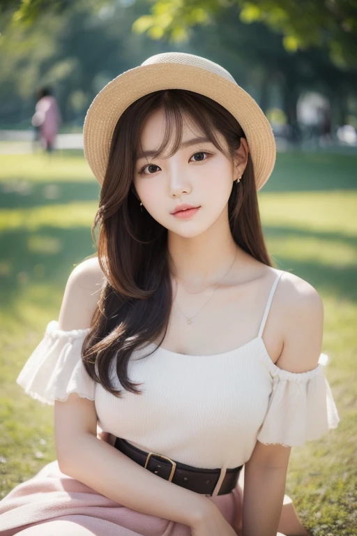 Sunburn marks on tanned skin、blush、Multicolored hair color long long hair,A cute 17-year-old girl with a cute look, A strong wind blows my hair in front of my face、Beautiful big sparkling eyes, Cute eyes hidden by long bangs、Yawn、No visible nasolabial folds、A short, light-colored miniskirt、Multicolored, cute patterned off-shoulder summer shirt、Korean Beauty、Dark blush on the cheeks