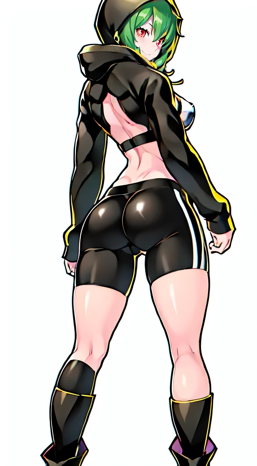 rina shinomyia、 biker shorts, half-open jacket, ((black hoodie)) ((black and white clothes)), hood up, googles on neck, highthigh, high knee boots, long sleeves, , big red eyes, short green hair, small breasts, two-toned bikini, covered midrift. gradient highlight, digidestined. thick thighs, thigh gap, plump thighs, shinny thighs, muscular thighs, beautiful thighs, sweaty thighs, sweatdrop thighs, oiled thighs, large hips, narrow waist, thick calves, long legs, sexy beautiful woman, full body shot, full body, toned body, muscular female, shredded abs, big ass, fitness, small breasts. Looking at viewer. view from bellow, view from behind, big ass, tonned ass