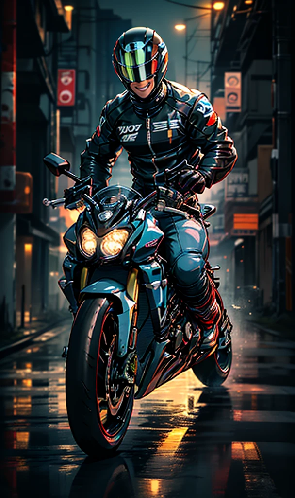 A male ,Wearing police uniform , Motorcycle Racing Outfit , young male, simple wall background , Leather tights ,Standing on the street,Full body photo,Backrest Police , motorcycle behind ,The helmet is on the side , Street Backgrounds  , young racer ,  motorcycle gloves ,  motorcycle boots ,Smile, racing suit,Panoramic photo , smile, visor, night 