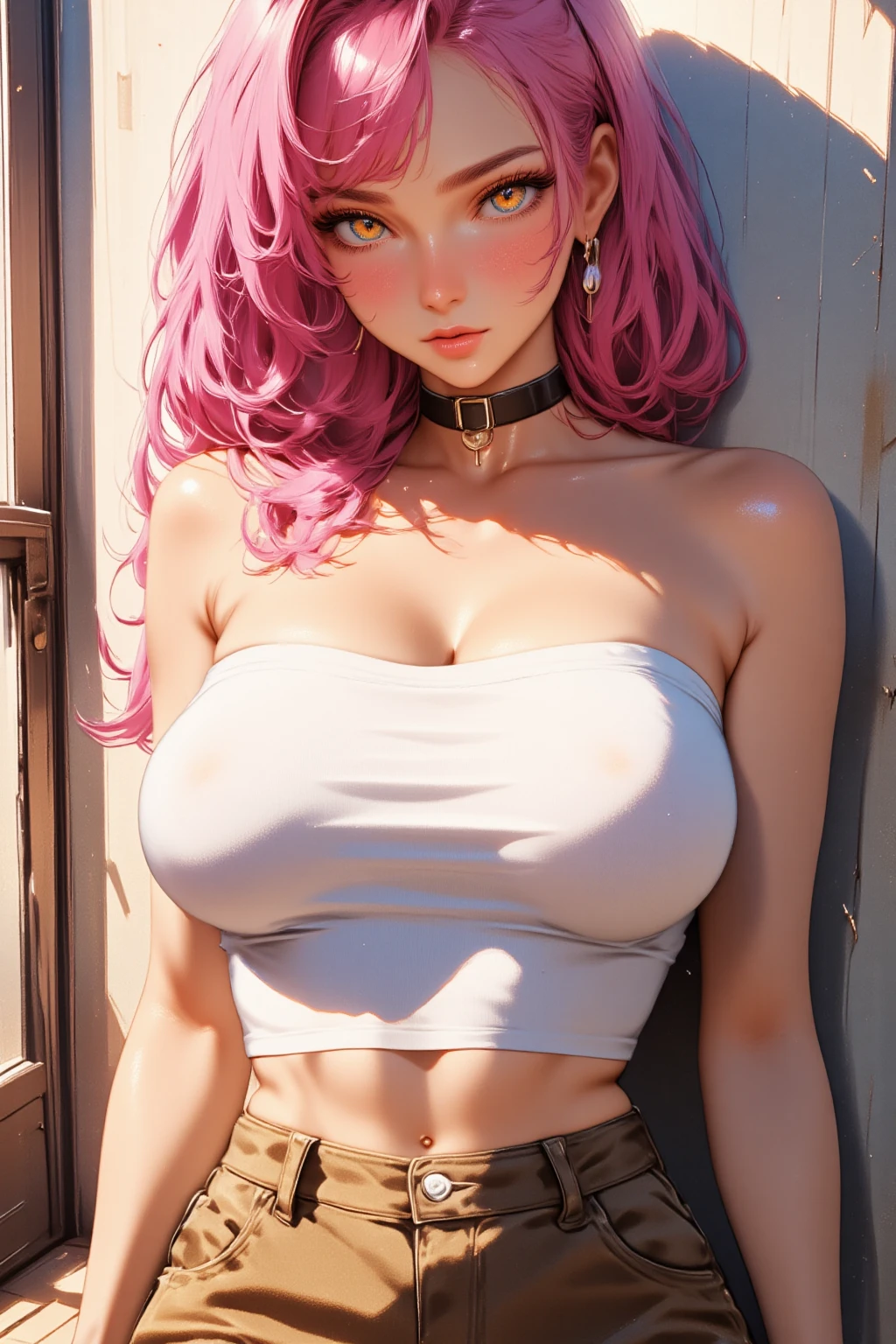 (best quality, highres), portrait, upper body, young cool type girl, long hair, swept-side bangs, [[[pink hair]]], orange eyes, big breasts, plain wall, ultra detailed cg, hyperrealistic and photorealistic style, detailed skin texture and coloring, (underboob), tube top, red lips
