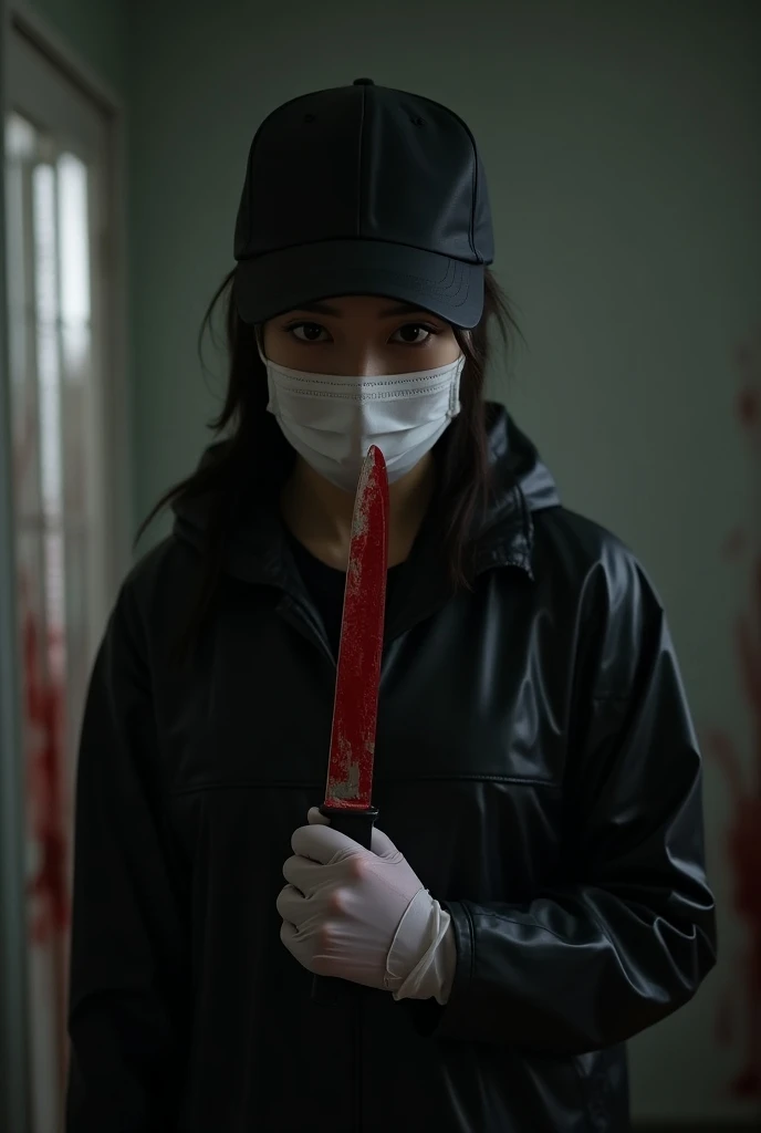 korean girl, (behind corpse, surgical mask), holding knife, stabbing, black leather gloves, room full of blood, black trench coat, bucket hat, holding knife, black gloves, behind corpse, blood splatter, very long hair, night, mass murderer, robbery, in the hotel, dark atmosphere, cinematic lighting, atmospheric realistic, light from the window