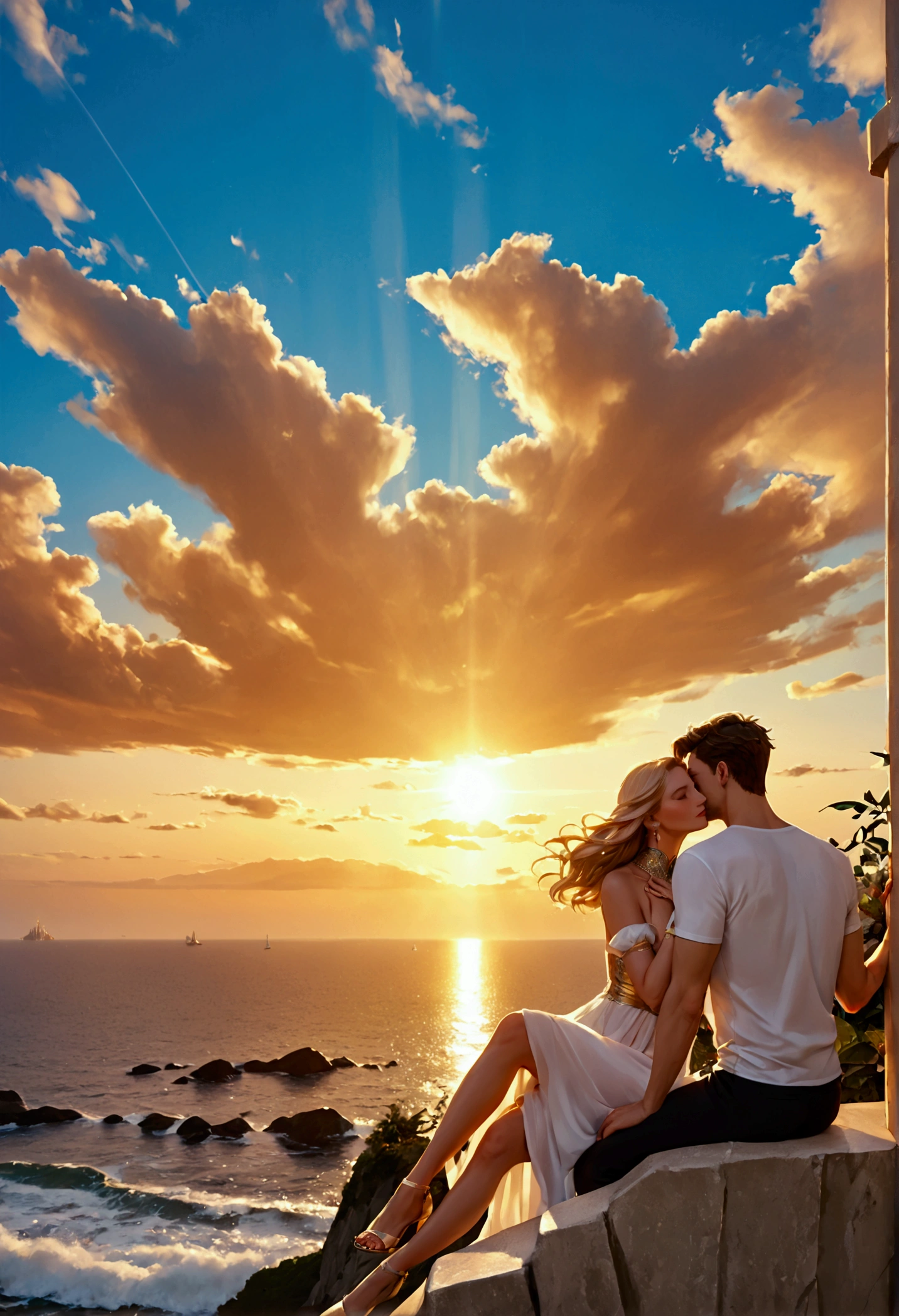 score_9, score_8_up, score_7_up a picture of a couple, a man and a woman,  sitting on the cliff near the sea, they hug and see the sunset, shadow plays, sun going down, divine rays,  vibrant, Ultra-high resolution, High Contrast, (masterpiece:1.5), highest quality, Best aesthetics), best details, best quality, highres, ultra wide angle, 16k, [ultra detailed], masterpiece, best quality, (extremely detailed), 