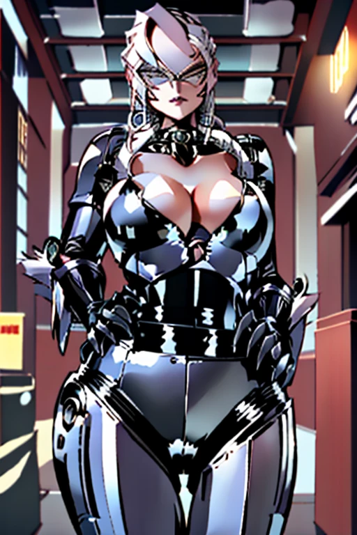 ( Best Quality ), (Black Cat), (Overall view)  Hua Gai with a cool and charming face  ,RoboCop Armor  , Robocop helmet ,    beautiful and sexy young woman , 18 years old,    toned and muscular  ,  With a cool and handsome face  , SharpEye, Big Breasts