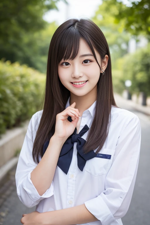 High quality masterpiece, 8k, ,   Japanese girl who can show off her body by pressing her fingers against her chest,  RAW Photos,      absurd, Winner portrait smile face, 笑face, Alone, uniform, Summer Clothes Idol&#39;face, violet, Gardenia, Delicate girl,      long black hair   , Dark Eyes, Upper body digital SLR,  Frank, Sophisticated,  Thin arms,         perfect for professional writing    ,          chromatic ablation  , (Details of the eye and face: 1.0), (Bokeh button:1.1)