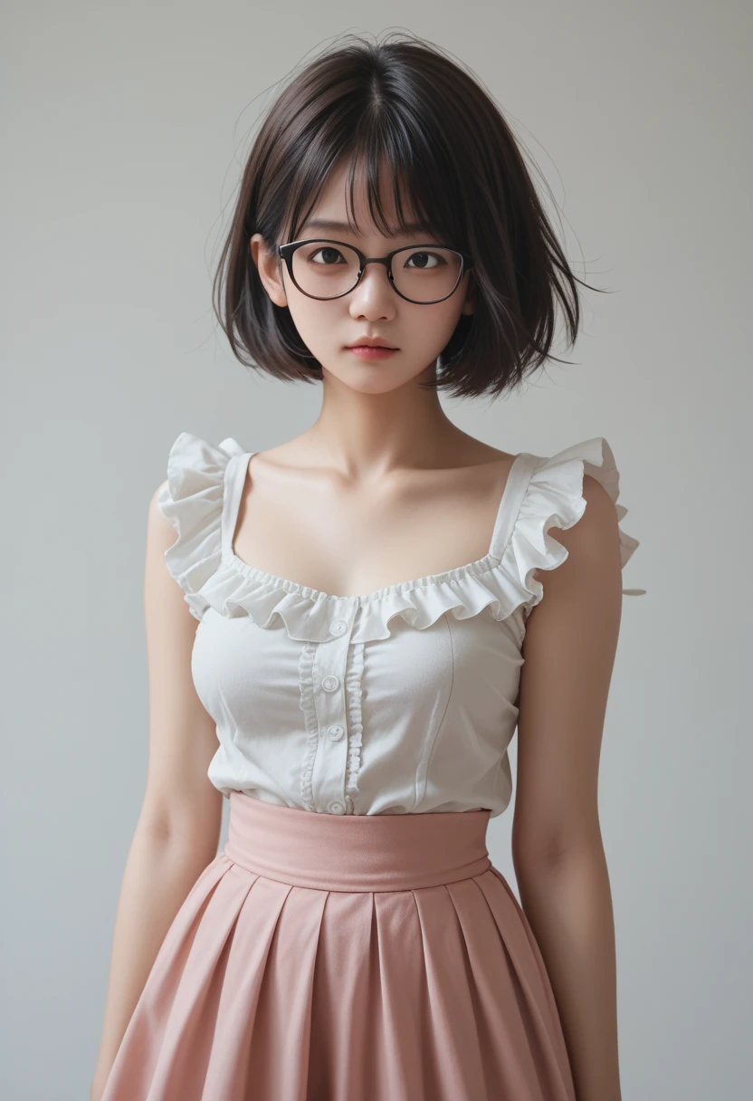 Asian(messy hair:0.7)bob cut,medium breasts,Glasses,blouse,skirt,frills