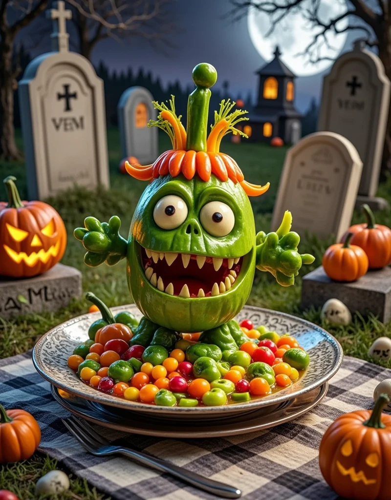 Halloween night, (colorful soup monster), artistic expression, stunningly beautiful work, the characters and elements of the landscape fit perfectly into the frame of the image, realized in detail, defining high quality, expressive faces, piercing eyes, (haunted house kitchen), masterpiece, (cute soup monster), gourmet product photography, film and television lighting effects, advanced filters, octane rendering, realistic photography, Halloween food carvings, unique shapes, colorful colors, bright colors