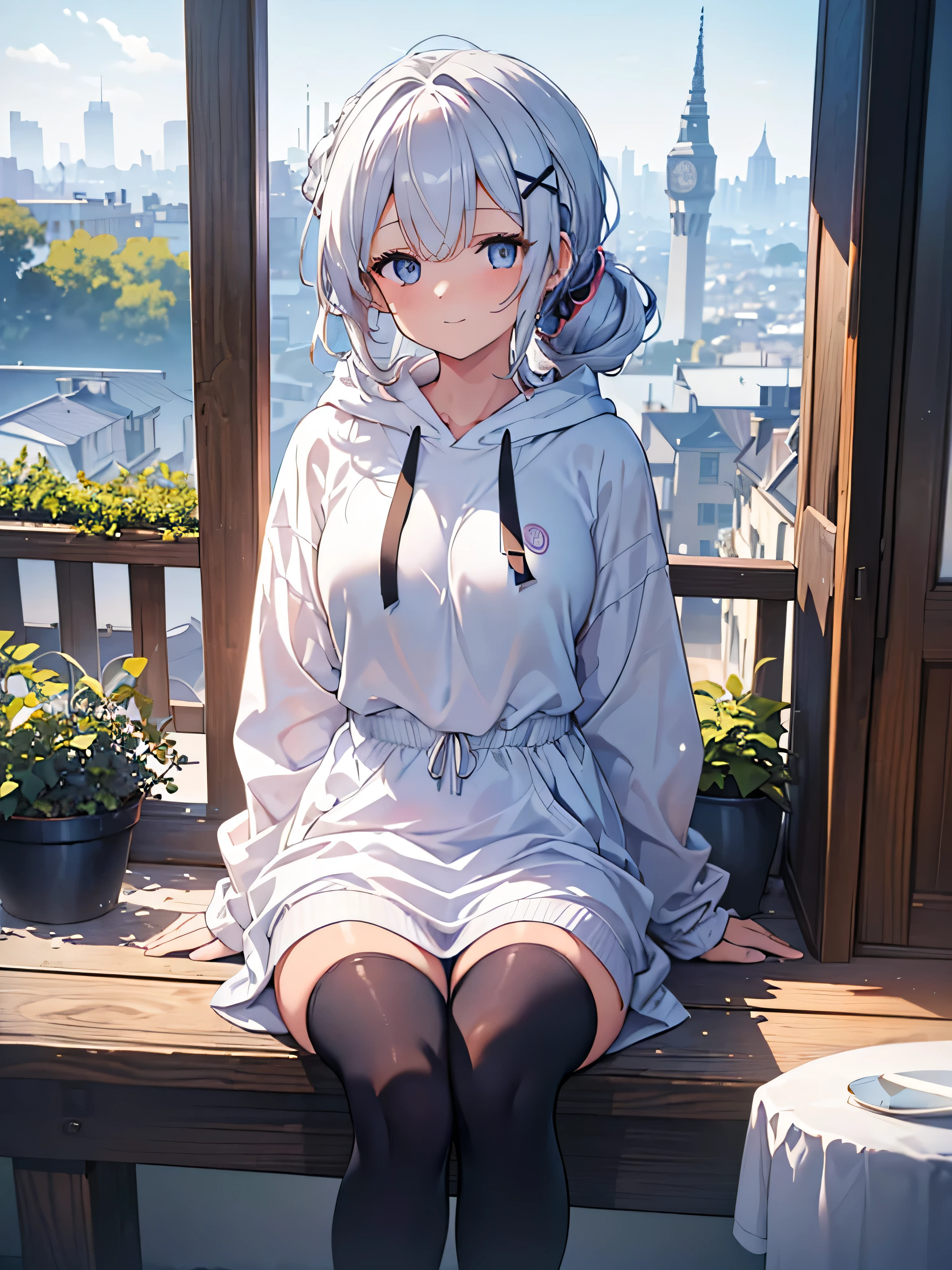  one girl , Curly Ponytail, smile,  blue eyes , Wear a white hoodie, (terrace）, (（morning）), masterpiece, 8k,  Full Photo, The perfect outfit,  perfect anatomy, Sharp resolution,  shallow depth of field ,  Soft Shadow ,  casual and relaxed atmosphere , Natural light pours in, Hair clip, Beautiful breasts、Black tights、20 years old