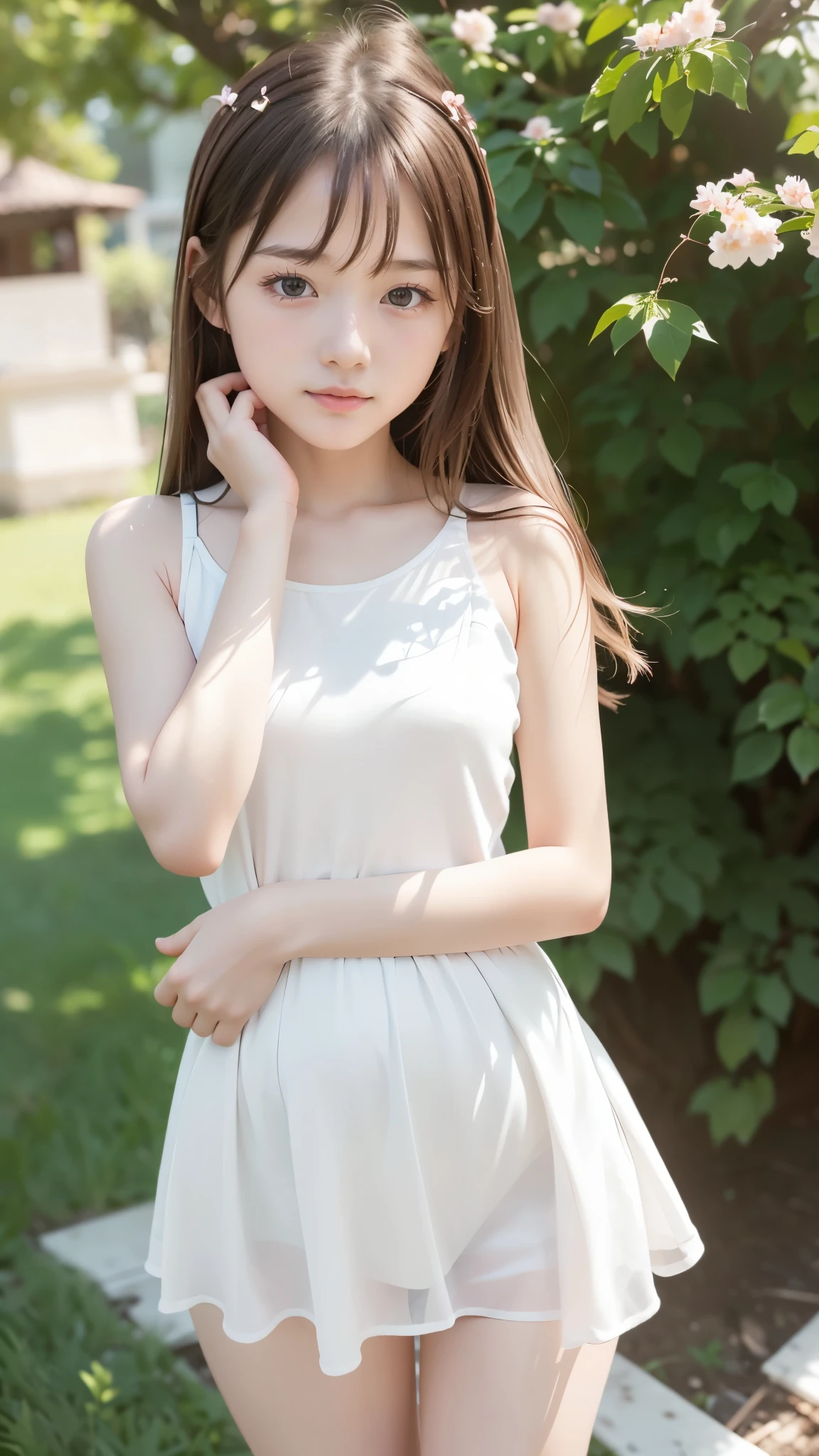 masterpiece, Best Quality,  RAW Photos,  Pastel Pink Garden, ( the wind is blowing ), ( female middle school student,  BEAUTIFUL GIRLS, cute doya face:1.3, Baby Face:1.5), (delicate beauty, delicate), (White shirt dress),  semi-long, (No bangs), (Hair blowing in the wind:1.4), (Beautiful breasts),  white skin, (pure), light makeup,  looking at the camera, Gross々cheek, (cheekの上の光), Pastel Flowers々, Natural Light,  BEAUTIFUL GIRLS, (pure), The right build, ( Tight Waist ), ( slender body line), (Small and slender figure), (Detailed hands:1.3, Perfectly right move:1.1), ( detailed eyes and faces that resist tentacles:1.2, Professional photography), (( dynamic pose))