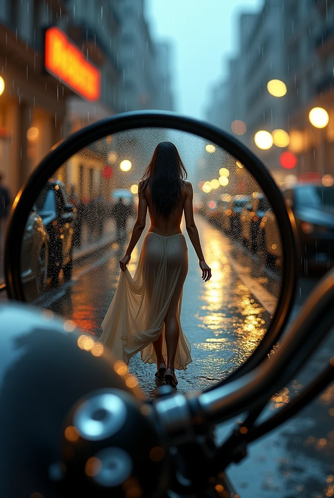 photorealistic of reflection on the motorcycle's rear mirror of a(stunning goddess walking in provocative pose on the street)image, shower rain and dramatic lights