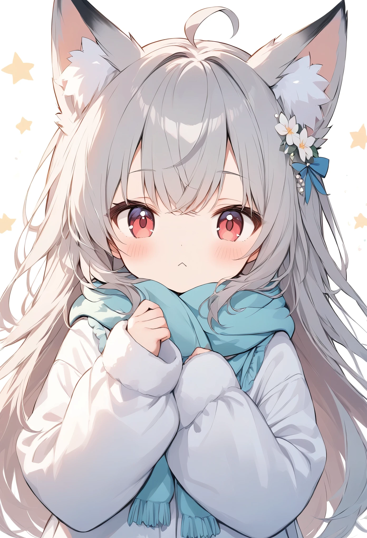 Light line drawing、Light color、White fox girl  、Grey Hair、   Smooth Long Hair   、Fox Ears、   Fox's Fluffy Tail   、Ruby Eyes、 Oblique Eyes、cute、:<、Warm, fluffy clothes、 muffler 