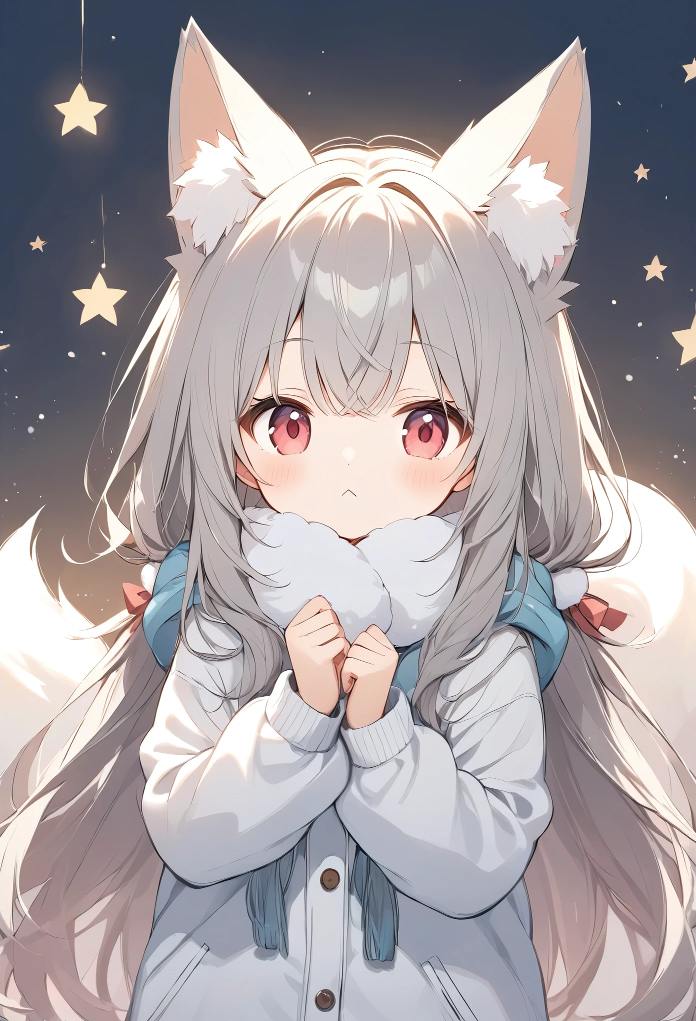 Light line drawing、Light color、White fox girl  、Grey Hair、   Smooth Long Hair   、Fox Ears、   Fox's Fluffy Tail   、Ruby Eyes、 Oblique Eyes、cute、:<、Warm, fluffy clothes、 muffler 