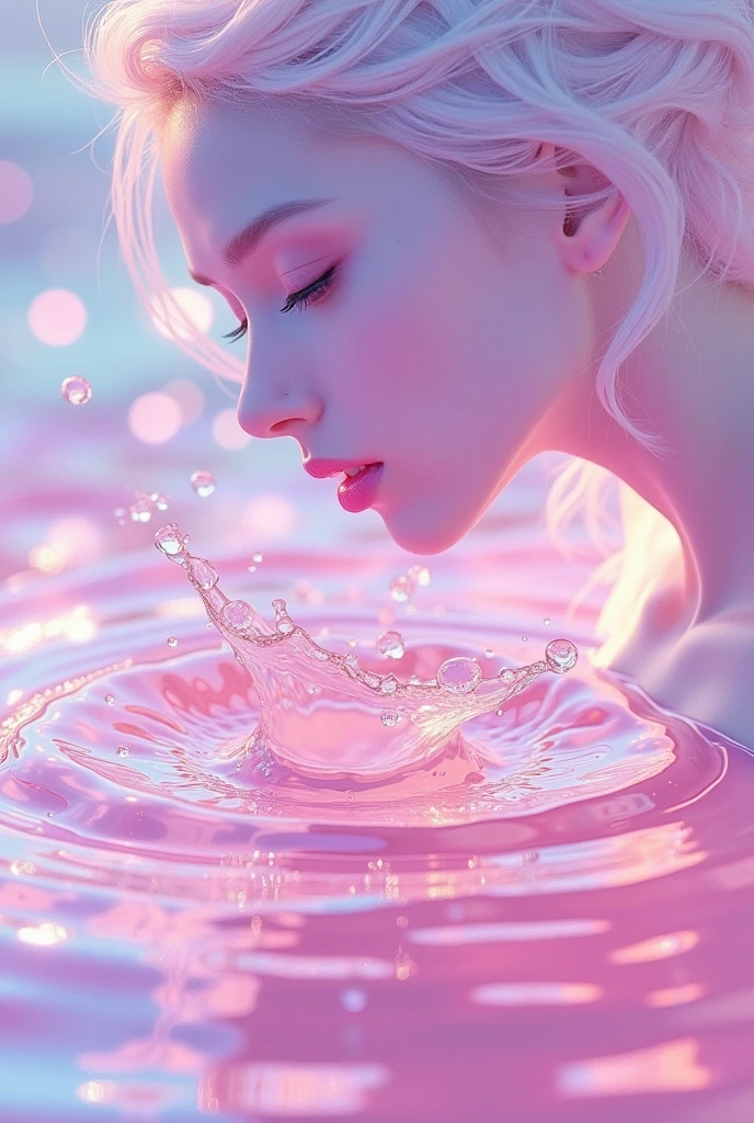 1girl, solo, color style5 texture influence image,glittering effects,soft color,beautiful gradation,background is color style5,  a water droplet splashing into pink liquid, creating an abstract pattern.