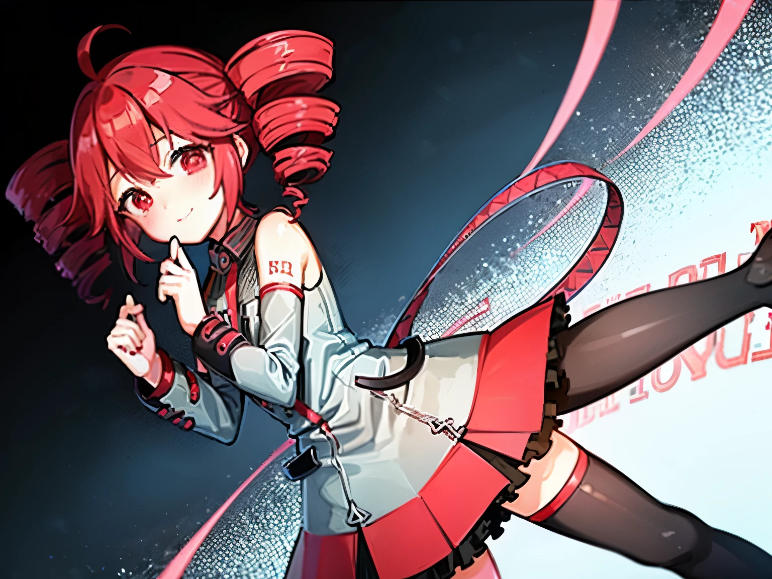 Cute、((1 girl))、 high quality、((masterpiece))、Tet、KasaneTeto、 TWIN DRILL HAIR、Show a smile in public 、、Redhead、 neat clothes with a pretty gray color,,,,,,、 curly red hair like a drill 、Red eyes、Idol Pose、See also5Books、nsfw