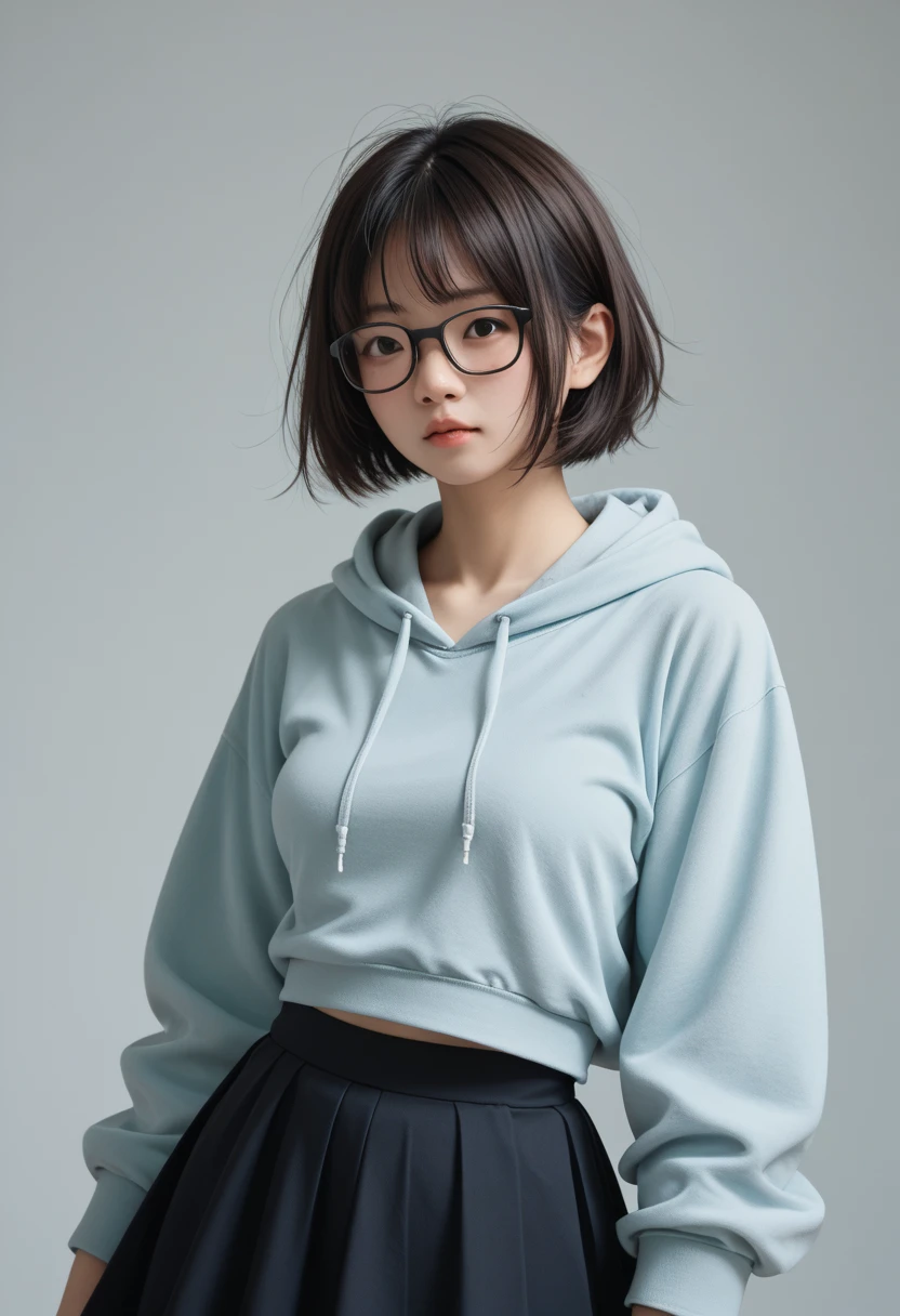 Asian(messy hair:0.8)bob cut,medium breasts,Glasses,hoodie,skirt,frills