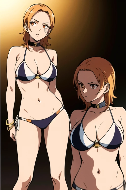 2D, masterpiece,  best quality, anime,  highly detailed face ,  highly detailed bottom ,  PERFECT LIGHTING ,  a girl, Alone,  Whole body, (side focus:1.4), nami strong world,  looking at the viewer,  short hair, orange hair, orange eyes,   large breasts , navel, bracelet, tattoo, shoulder tattoo, joy, collar, May, Bikini,  cleavage, Bikini listrado, vertical Bikini listrado, navel,  full body crouched ready to serve you  