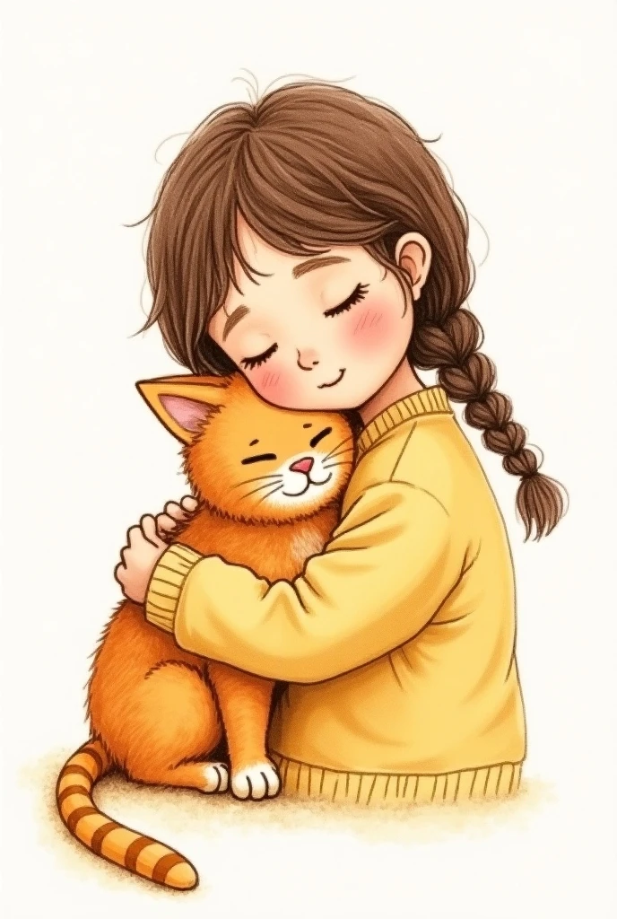 , a warm colored crayon drawing ，The picture drawn by a child ，Picture of a child with brown braids and an orange cat snuggling up together， contains only the upper body ，Leave other blank