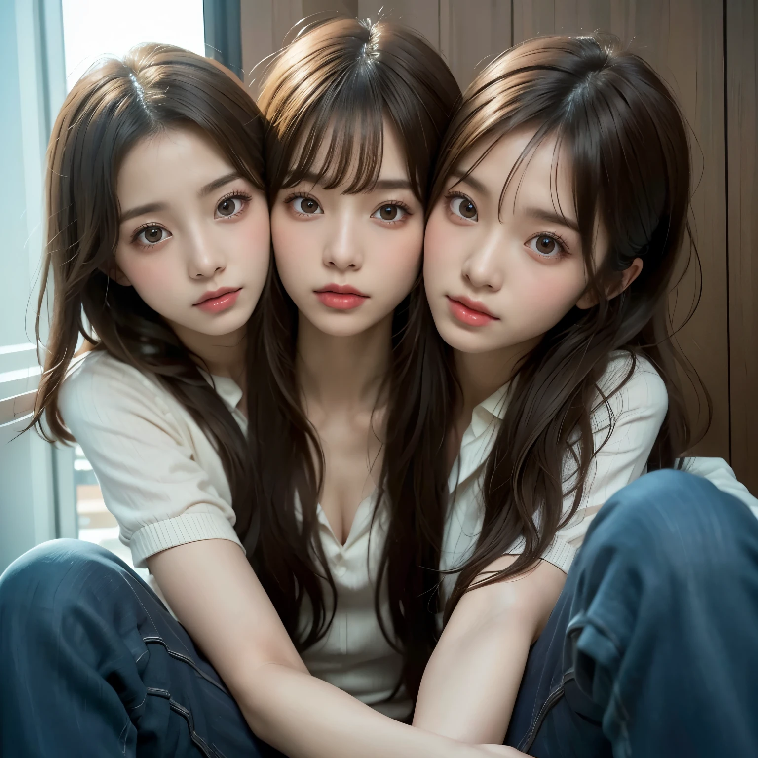 2girl,(:1.2),(small brests:1.2),(skinny:1.2),high school student,beautiful girl,(short ponytails:1.2),akb48,nogizaka46, yuri,lesbian,a photo of a woman is sticking out her tongue to taste and lick the vulva of another woman lying with her spread legs,
mouth and lips and parted lips and tongue and tongue out and licking pussy,oral,from above,extreme face close-up and pov,