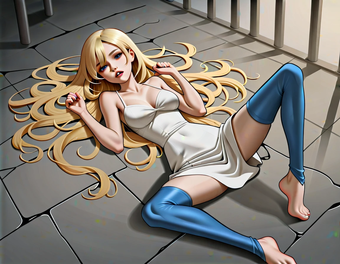 Masterpiece , best quality , Masterpiece , best quality , 1girl , 20yo, ais_wallenstein , dress half taken off, blue thigh boots, looking at the viewer, delicate features, blonde waist long hair , be unconscious , white bikini , abdomen , medium breasts , Long legs , Barefoot , Lie down on the floor. , spread your legs , prison, 