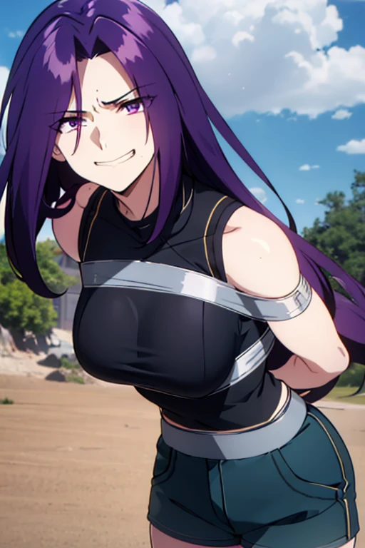 Purple Hair, purple eyes,(Absurd, 8k, 4K, masterpiece,   HYPER EXTREME DETAILS :1.2), Alone,  1 Girl, Front View,  perfect face,  1 Girl,  Portrait ,  expressive eyes,  watching viewers , Alone,  standing , woman, toned body, 成熟したwoman, Large Breasts, pale, , Long Hair, Swept-apart bangs, athletic body, stoic,  hair blown in the wind , Moving Hair,  Moving Clothes  ,  Shorts , Black Shirt, , military, worn out in battle, scar,  unkempt hair, smile, happy, heroic,  perfect anatomy,  friendly , heroism, Blue Sky, sun, cloud, Muscular, half body, Tied up, bondage, ( cross your arms behind your back:1.4), (Bondage, tape gag, tape, tape bondage, Suppressed,  best anatomy , tape wrapped, Rap Gag, tightly Tied up, tape wrapped around face, tape above breasts, tape below breasts,  at dawn, tape gag, Long Hair, tape between breasts, taped forearms, taped elbows, taped abdomen, taped nose, taped between arms,  black t-shirt ,  sleeveless )
