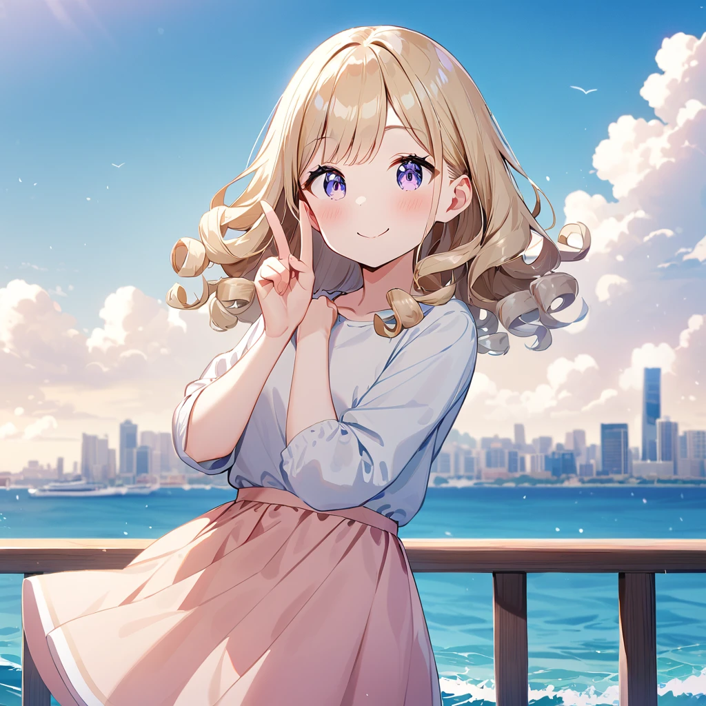 sea, day, まばらなday光, Blue Sky, Beautiful Clouds, Sky gradient, boat,  skyline, 1 Girl,  s, Alone,  cowboy shot,  watching viewers , smile, pink , hinata yume ,  blond hair,  s,  curly hair ,