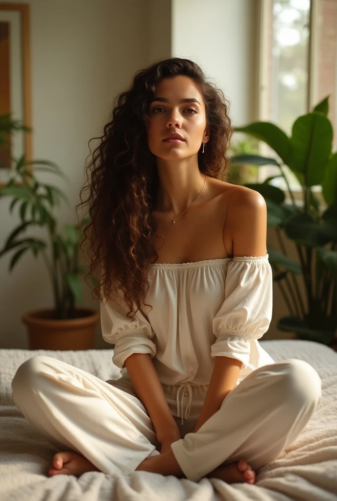 (photorealism:1.2), beautiful woman, sitting on bed, wearing loose off-shoulder top, pajama pants, long curly hair, indoors, soft lighting, plants in background, window with sunlight, cozy room, relaxed pose, realistic, intricate details, warm colors, by Greg Rutkowski, by Alphonse Mucha