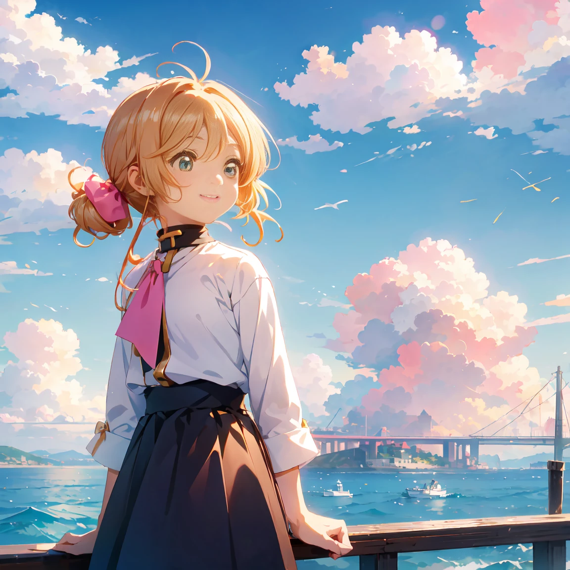 sea, day, まばらなday光, Blue Sky, Beautiful Clouds, Sky gradient, boat,  skyline, 1 Girl,  s, Alone,  cowboy shot,  watching viewers , smile, pink , hinata yume ,  blond hair,  s,  curly hair ,