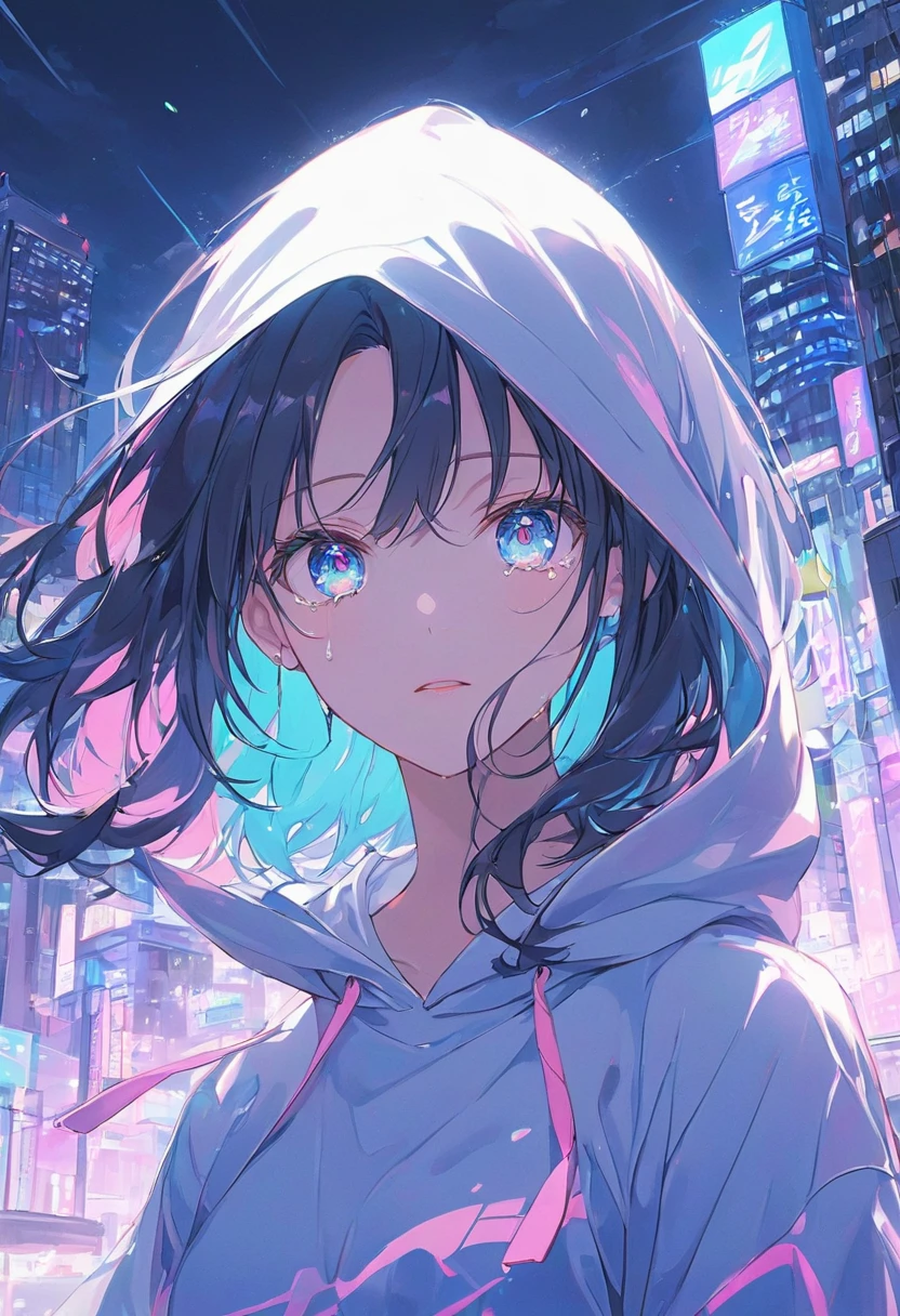 ((anime,pastel))、 woman,Turn around and look this way, wearing a hoodie, blue eyes ,Shining Eye ,tears, spilling out of eyes ,tearsが輝く, neon color scheme ,City buildings,night景,Shining,night, light shines in , moving scene masterpiece,Best Quality,Exquisite,8k, absurd, super detailed illustration ,( watching the audience)