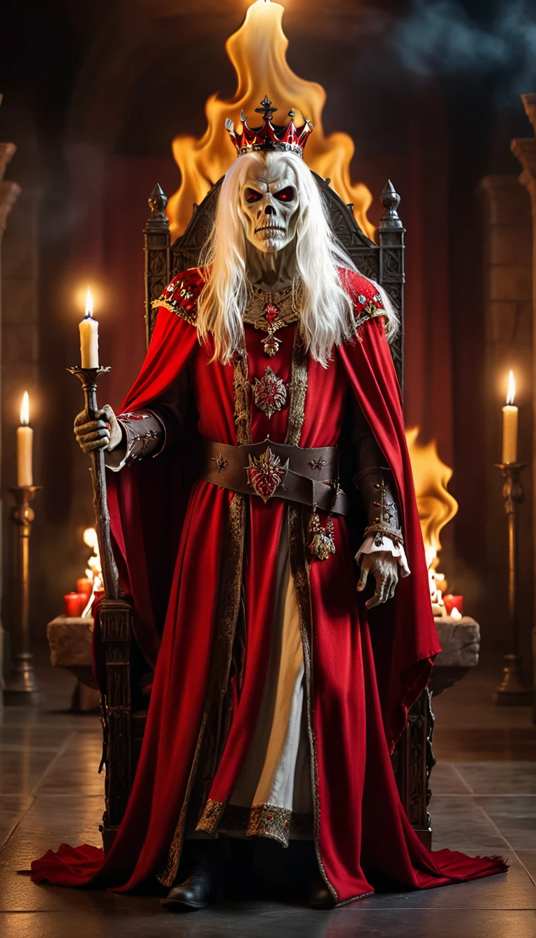 Photorealistic front  full body  Eddie zombie from Iron Maiden as a terrifying , pale skin, long white hair, zombie skin and decorated red medieval king dreess outfit and mantle and a golden  crown, walking to the camera in a throne room illuminated by fire candles. front Portrait