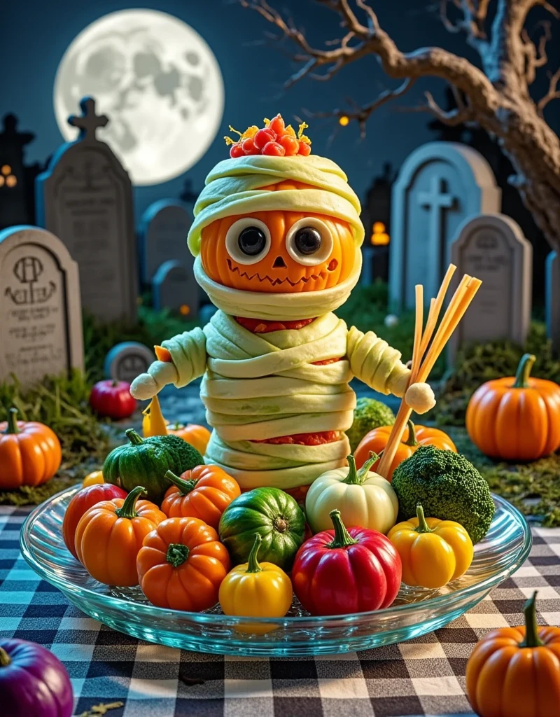 On Halloween night, all kinds of vegetables are cleverly put together to form a cute mummy, realistic photography, gourmet carvings, unique shapes, colorful colors, bright colors, standing on a high-end transparent jade plate, a gloomy cemetery, covered with a checkered tablecloth, Detail characterization, gourmet product photography, film and television lighting effects, advanced filters, octane rendering