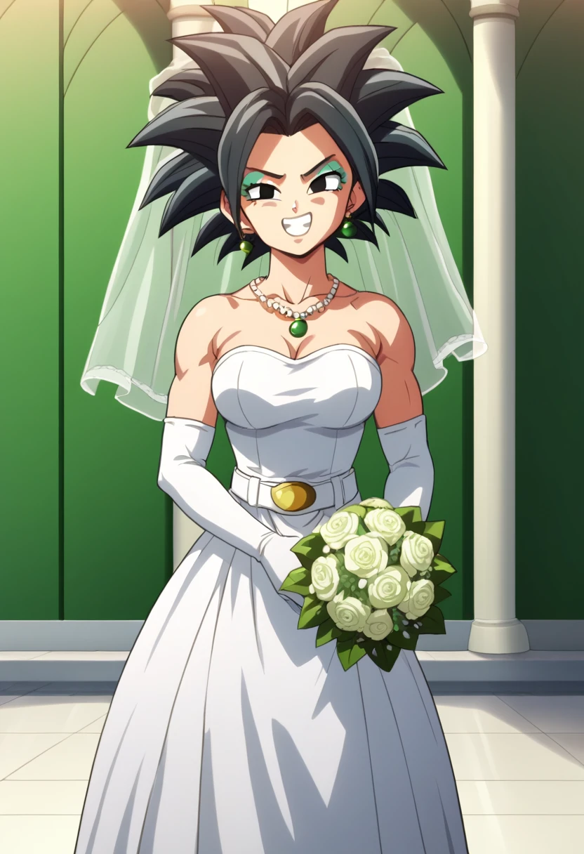 source_anime, score_9, score_8_up, score_7_up, anime screencap,
kefladb, 1girl, solo, breasts, looking at viewer,  black hair,  potara earrings,  teeth, midriff, black eyes, spiked hair, clenched teeth, smile, makeup, wearing a white satin ballgown wedding dress, opera gloves, veil, tiara, bow belt, holding bouquet, walking down the aisle in a grand cathedral,
Necklace, Sweet Smile