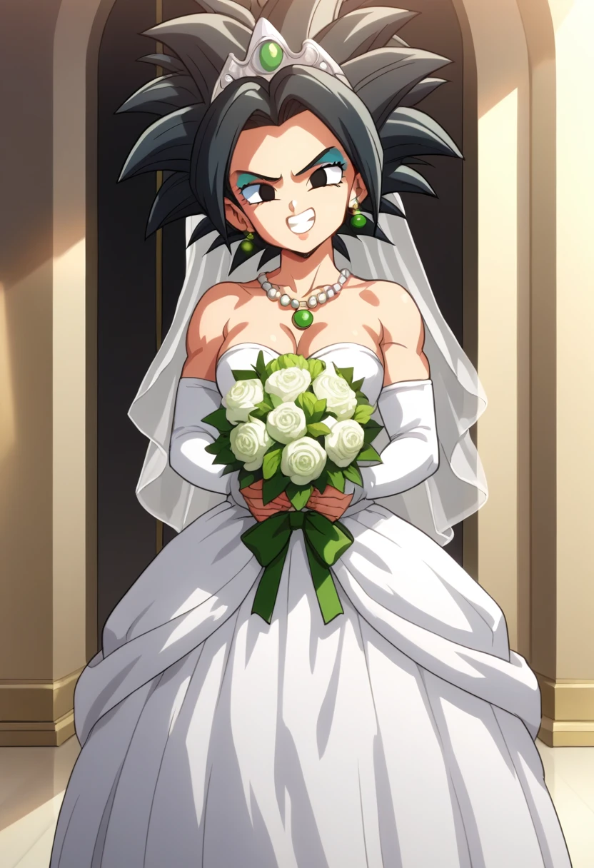 source_anime, score_9, score_8_up, score_7_up, anime screencap,
kefladb, 1girl, solo, breasts, looking at viewer,  black hair,  potara earrings,  teeth, midriff, black eyes, spiked hair, clenched teeth, smile, makeup, wearing a white satin ballgown wedding dress, opera gloves, veil, tiara, bow belt, holding bouquet, walking down the aisle in a grand cathedral,
Necklace, Sweet Smile