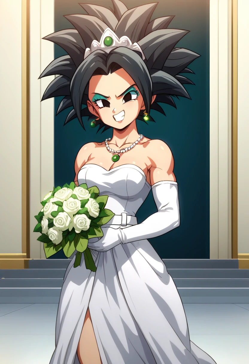 source_anime, score_9, score_8_up, score_7_up, anime screencap,
kefladb, 1girl, solo, breasts, looking at viewer,  black hair,  potara earrings,  teeth, midriff, black eyes, spiked hair, clenched teeth, smile, makeup, wearing a white satin ballgown wedding dress, opera gloves, veil, tiara, bow belt, holding bouquet, walking down the aisle in a grand cathedral,
Necklace, Sweet Smile