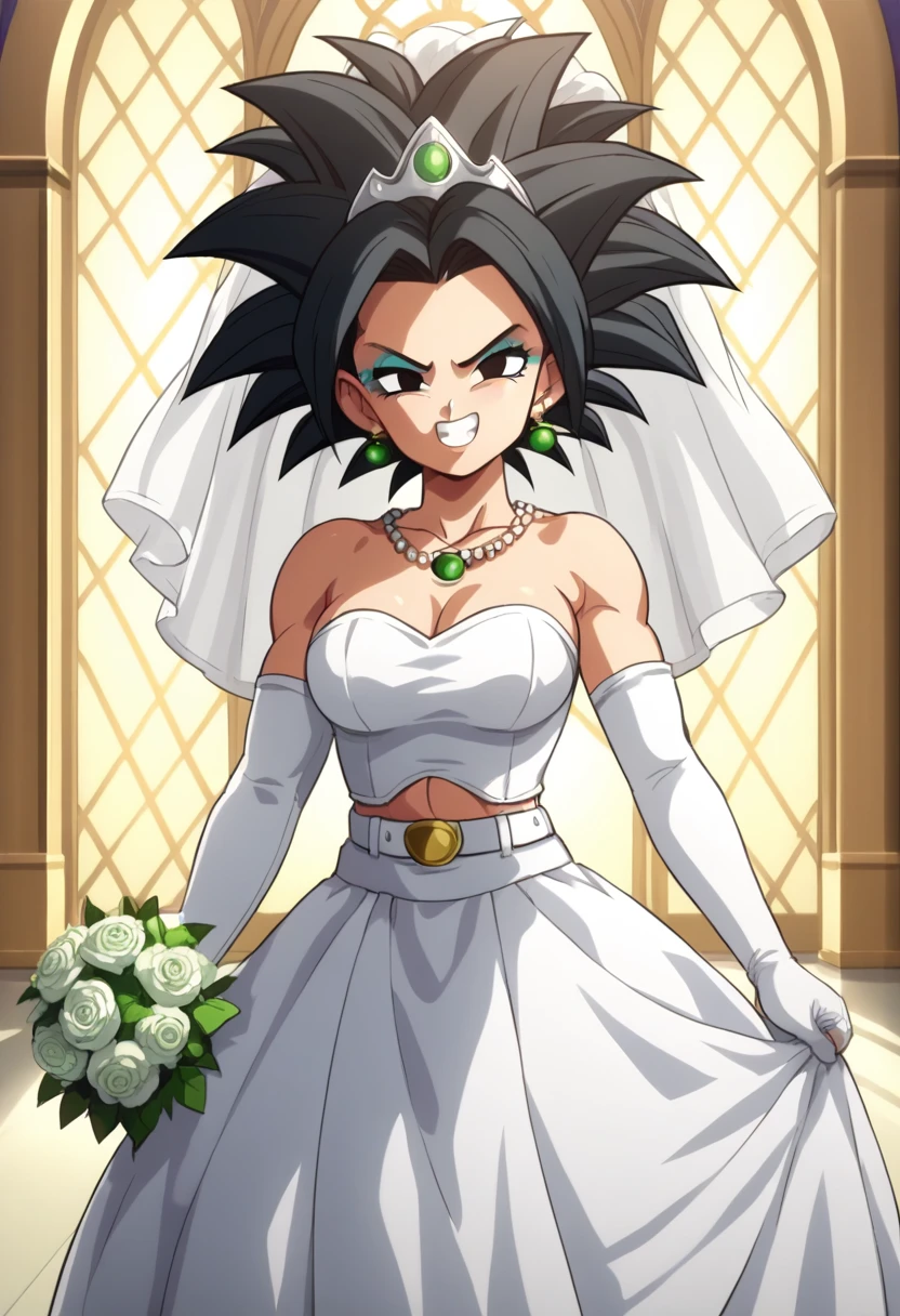 source_anime, score_9, score_8_up, score_7_up, anime screencap,
kefladb, 1girl, solo, breasts, looking at viewer,  black hair,  potara earrings,  teeth, midriff, black eyes, spiked hair, clenched teeth, smile, makeup, wearing a white satin ballgown wedding dress, opera gloves, veil, tiara, bow belt, holding bouquet, walking down the aisle in a grand cathedral,
Necklace, Sweet Smile