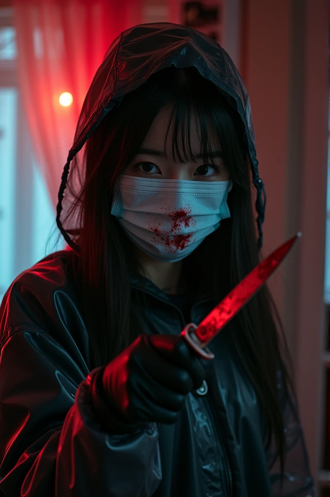 korean cute girl, (behind multiple corpse:1.3), (surgical mask), holding knife, stabbing, leather gloves, upturned eyes, blood splatter, room full of blood, black raincoat, woman on top, hood up, holding knife, leather gloves, behind corpse, very long hair, night, mass murderer, robbery, dark atmosphere, cinematic lighting, atmospheric realistic,