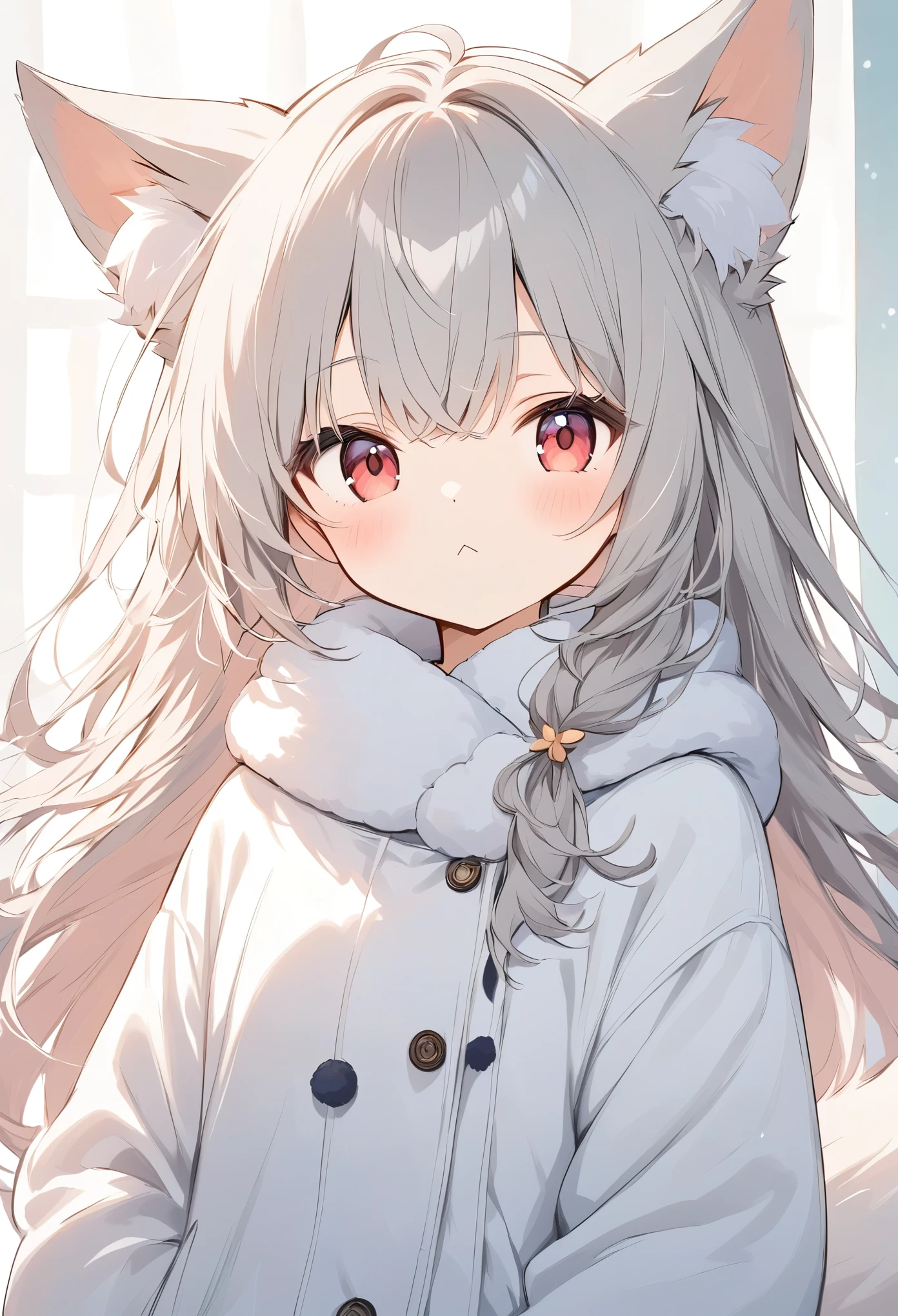 Light line drawing、Light color、White fox girl  、Grey Hair、   Smooth Long Hair   、Fox Ears、   Fox's Fluffy Tail   、Ruby Eyes、 Oblique Eyes、cute、:<、Warm, fluffy clothes、 muffler ,It's a white baby fox