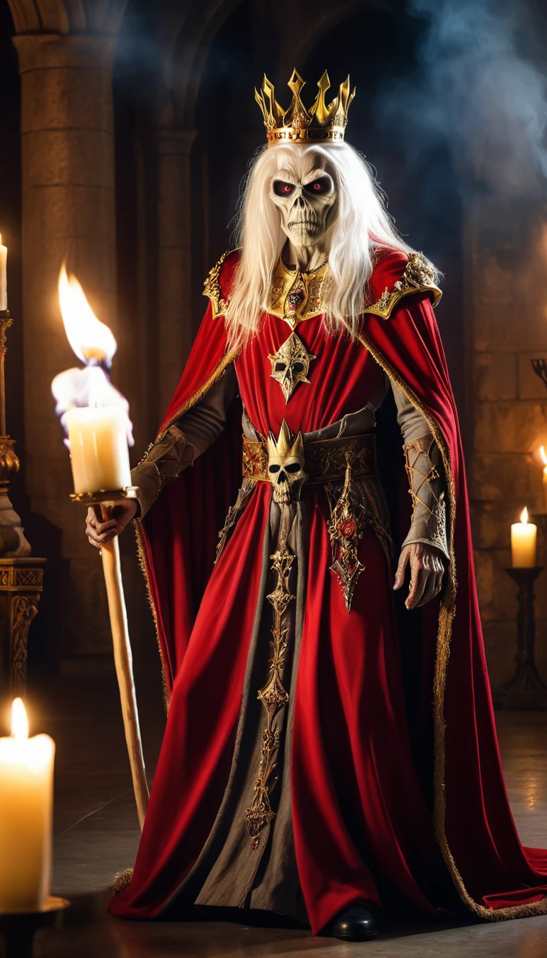 Photorealistic front full body Eddie zombie from Iron Maiden as a terrifying , pale skin, long white hair, zombie skin and decorated red medieval king dreess outfit and mantle and a golden crown, walking to the camera in a throne room illuminated by fire candles. front Portrait