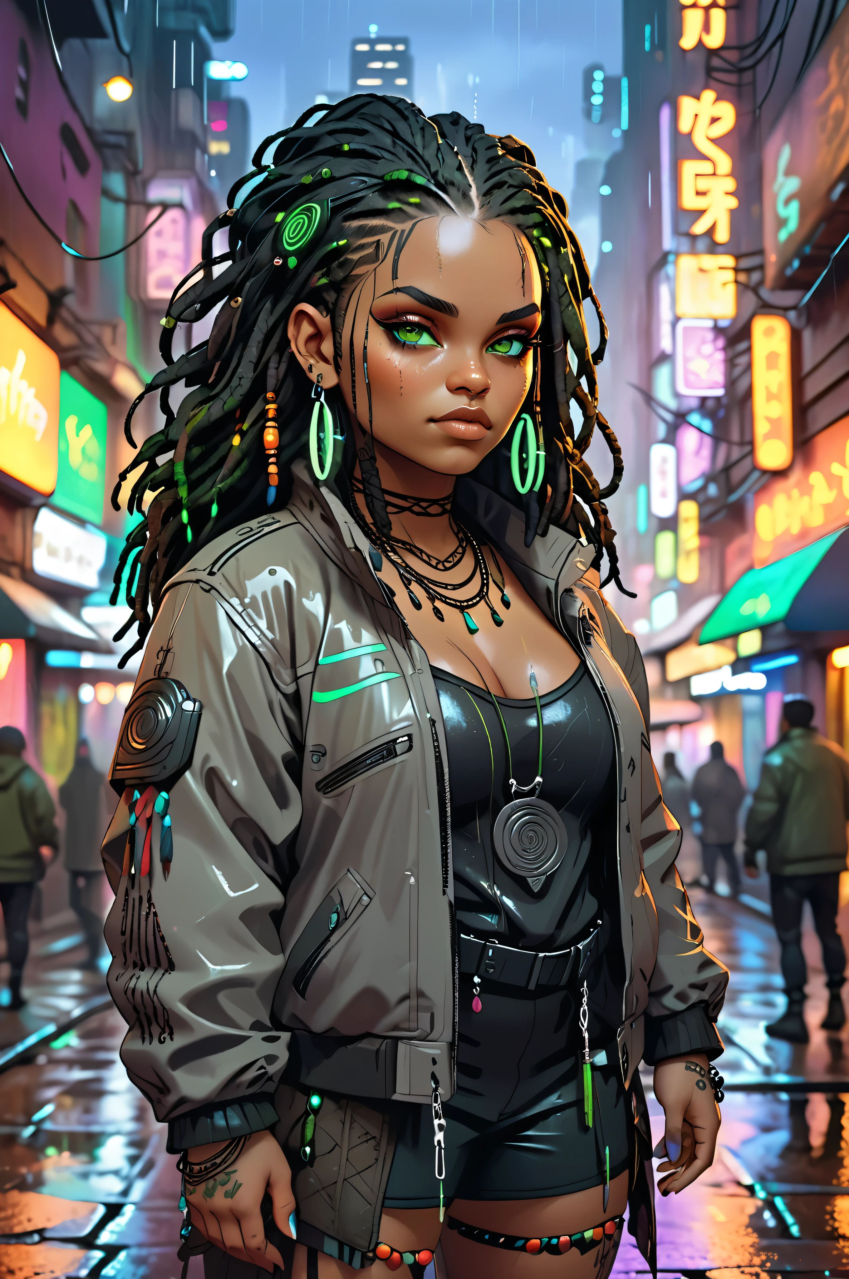 Sturdy, chubby, curvy dwarf woman with pale green eyes, black dreadlocks adorned with beads, warm mulatto skin tone with freckles, pointy ears. Tribal tattoos on her hands, wearing layered, earthy clothing. Cyberpunk setting with neon lights, rain-soaked streets, and a futuristic night city backdrop. warm dark grey jacket