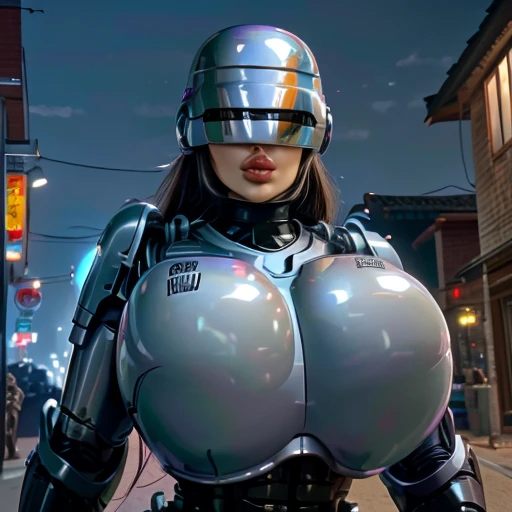 
( Best Quality ), (Overall view), Female Robocop,  Hua Gai with a cool and charming face ,RoboCop Armor   , Robocop helmet ,   beautiful and sexy young woman , 18 years old,   toned and muscular   , With a cool and handsome face   , SharpEye, Big Breasts