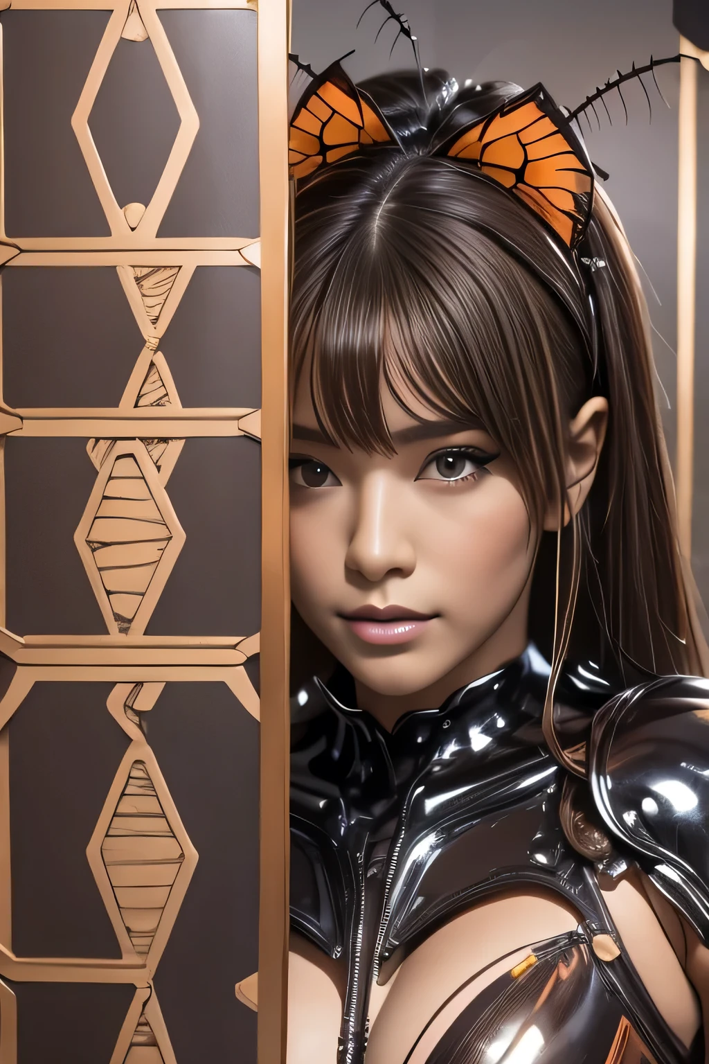 (high resolution,masterpiece,best quality,extremely detailed CG, anime, official art:1.4), realistic, photo, amazing fine details, all intricate, gloss and shiny,awesome many layers, 8k wall paper, 3d, sketch, kawaii, illustration,( solo:1.4), perfect female proportion,villainess, (fusion of dark brown cockroach and lady:1.4), (brown cockroach form lady:1.2), (brown cockroach lady:1.2), (fusion:1.2), (solo:1.4), (evil smile:1.2), muscular, abs, (cockroach brown exoskeleton bio insect suit:1.4), (cockroach brown exoskeleton bio insect armor:1.2), (brown transparency cockroach wing:1.4), (brown cockroach antennae:1.3),