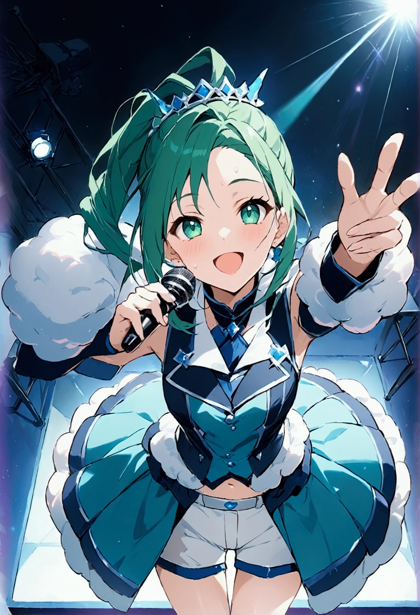 High image quality 、masterpiece、   high quality、Full HD、4K、 hands idol pose 、 Extend one hand 、View from above 、Grab the microphone、 emerald green hair 、asymmetrical ponytail、Forehead、 emerald green eyes  、 Open your mouth 、smile、Sweat on the forehead、blue idol uniform 、 Detached Sleeve 、White shorts 、 fluffy arm garter 、Blue Skirt 、slender、Outdoor Concert、laser effect